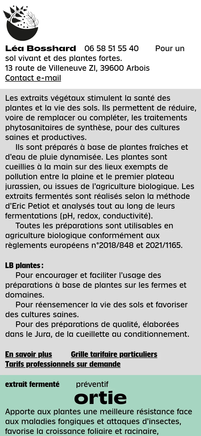 The mobile version uses a single-column vertical layout optimized for scrolling. The header, contact details, and descriptive text are stacked vertically, followed by a series of full-width colored blocks for each product, such as 'ortie', making the large typography and call-to-action links easy to tap.