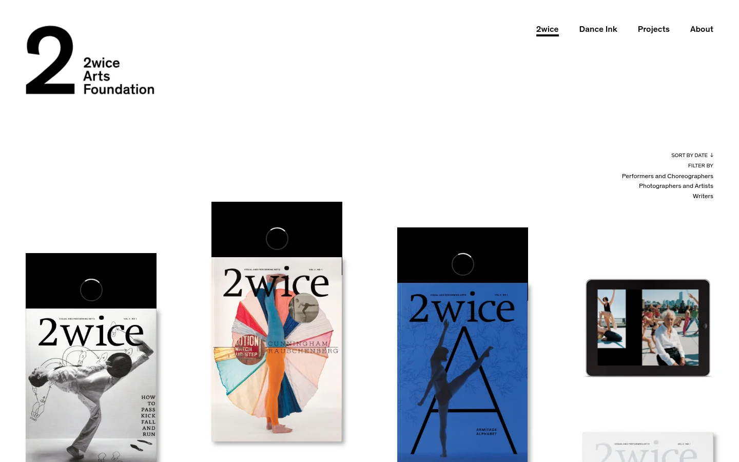 The desktop website for 2wice Arts Foundation features a minimalist white background with a large black '2' logo on the left. A navigation menu is positioned at the top right, and a grid of magazine cover images is displayed below a 'Sort by Date' and 'Filter By' section. The layout is spacious and clean, emphasizing the visual art covers.
