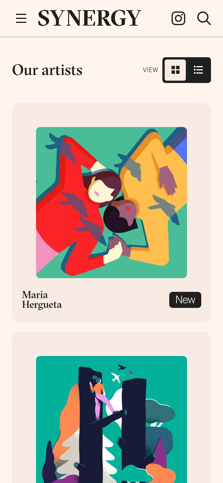 The mobile version maintains the clean aesthetic but uses a single-column vertical layout for the artist cards. The header is condensed with a hamburger menu, the Synergy logo, and search/social icons, while the 'Our artists' heading and view toggle are stacked above the scrolling list of large artwork tiles.
