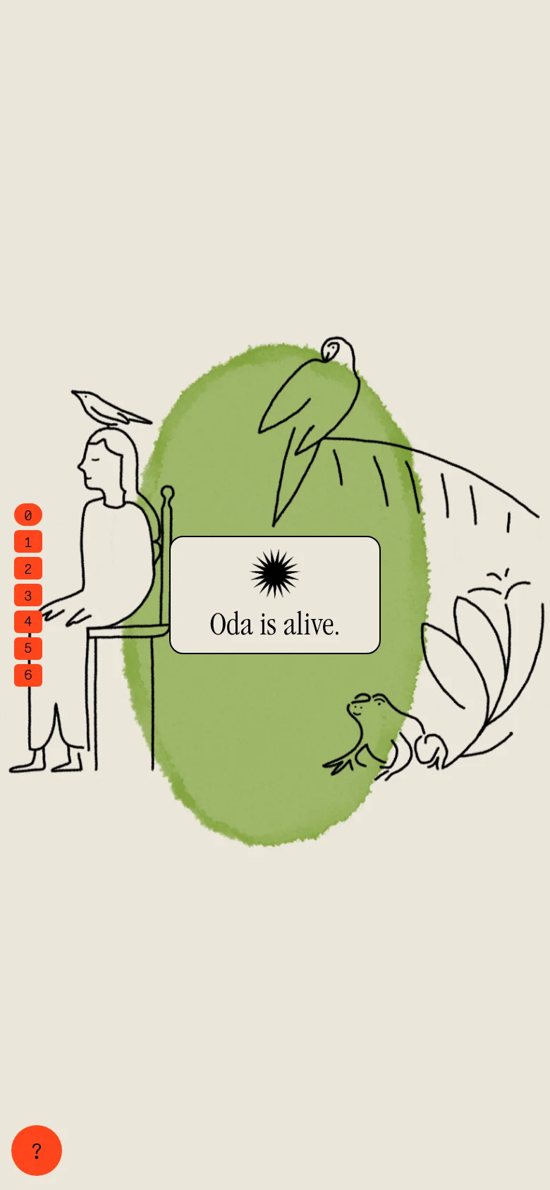 The mobile version maintains the minimalist aesthetic with the line-art illustration and 'Oda is alive.' text box centered on a cream background. The layout is vertically oriented, and the red numbered navigation menu is positioned on the left, while a floating orange question mark button appears at the bottom left.