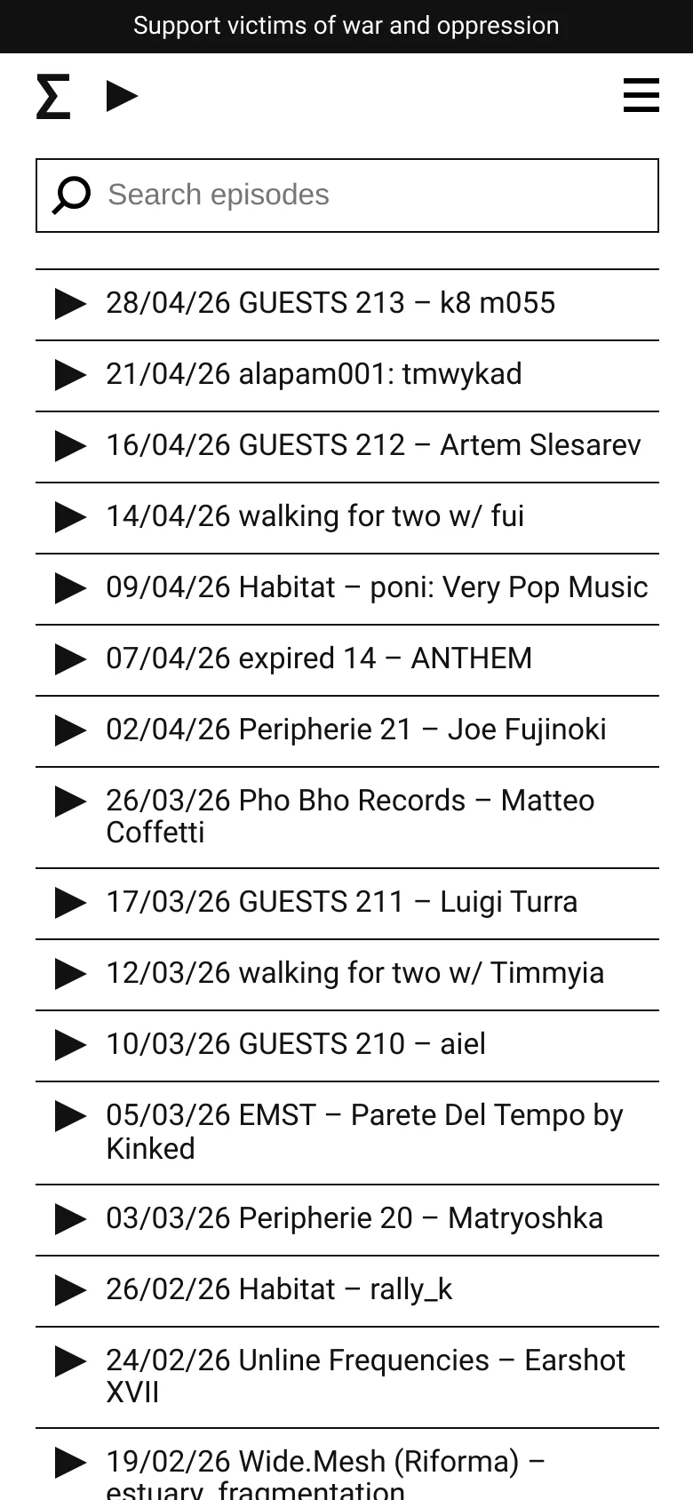 The mobile version maintains the minimalist black-and-white aesthetic but uses a condensed layout. The header features a large search bar, a hamburger menu icon, and a logo, while the episode list occupies the full width of the screen with play icons and text stacked vertically.