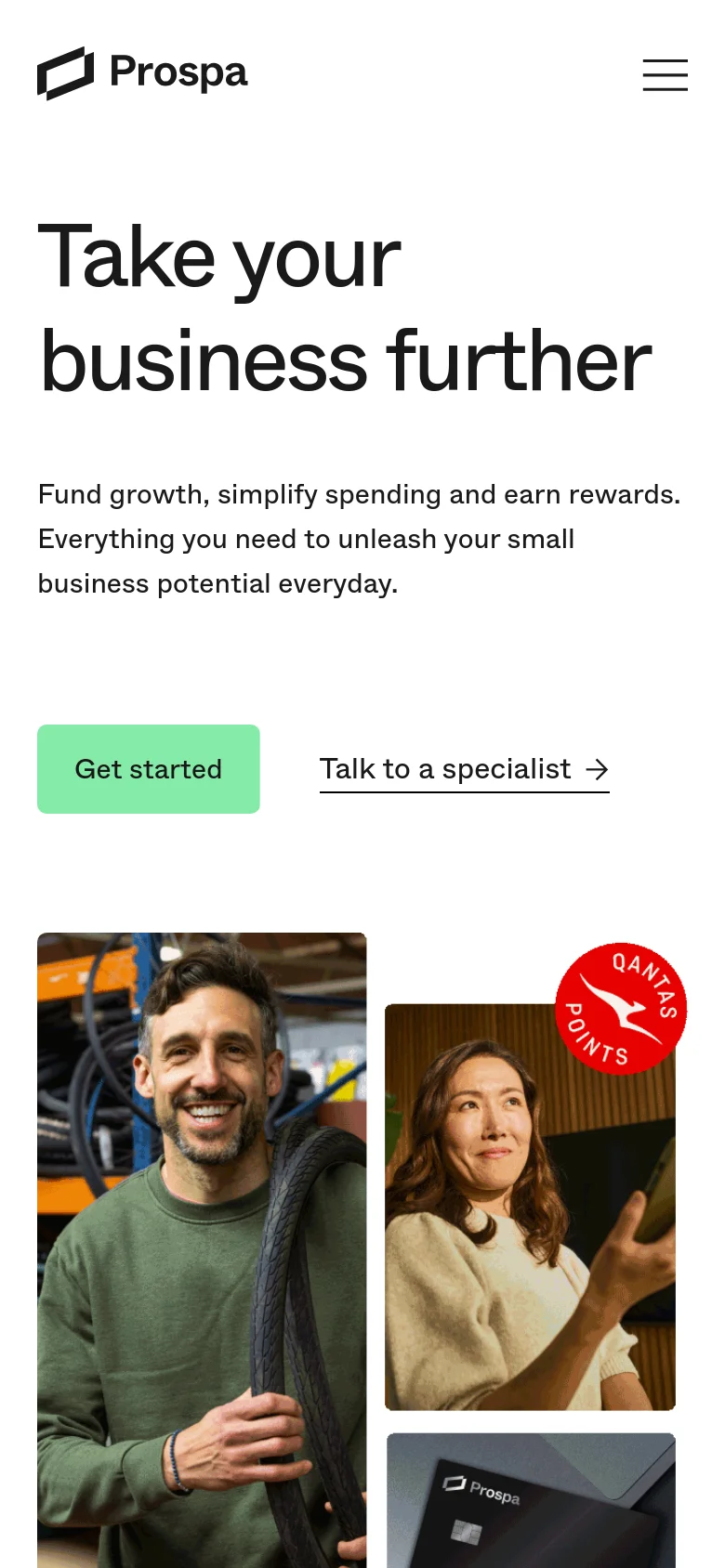 The mobile version uses a single-column vertical layout, stacking the 'Take your business further' headline, descriptive text, and primary buttons at the top. The hero image collage is repositioned below the main text, with images appearing in a vertical sequence to fit the narrow screen width.