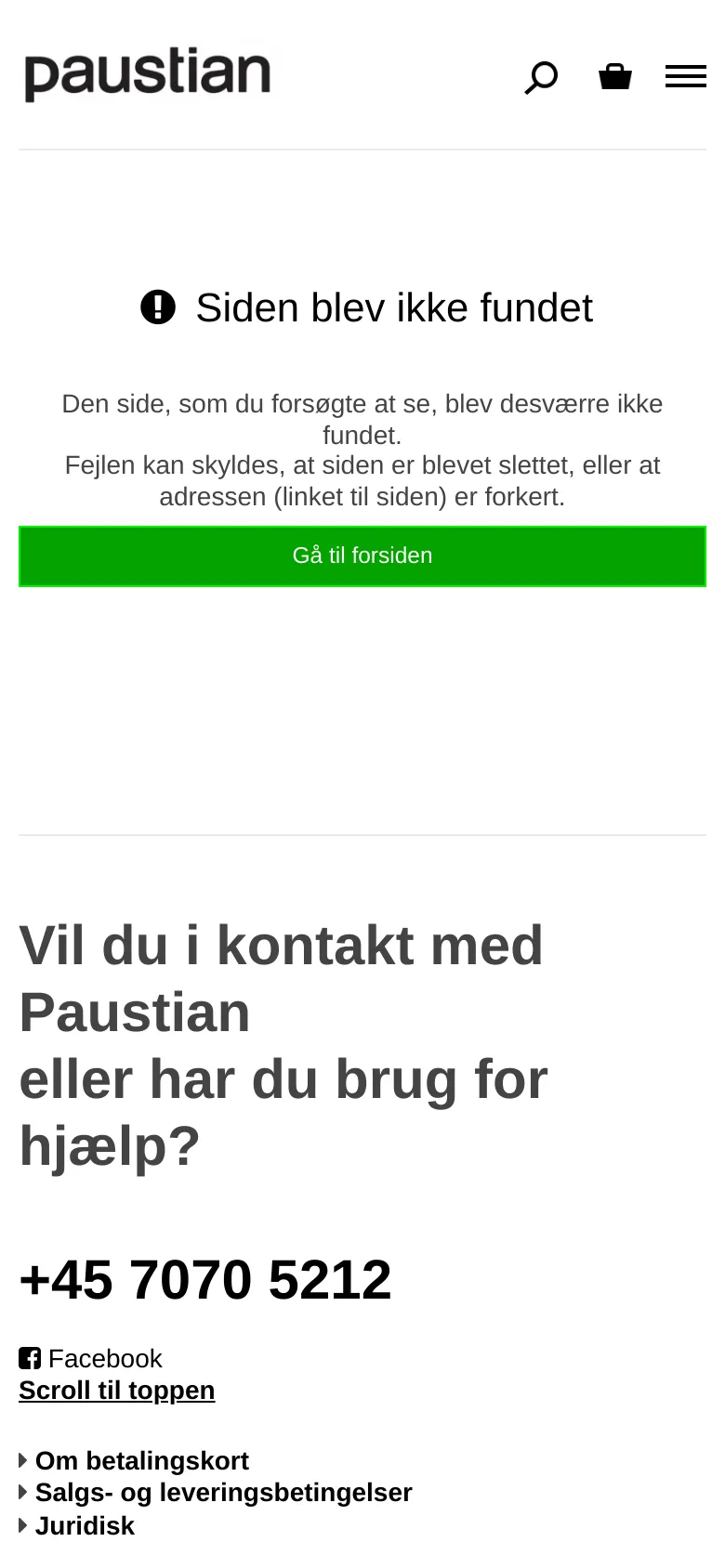 The mobile version of the 404 error page features a simplified layout with a centered exclamation icon and headline. The navigation is condensed into a hamburger menu icon next to a search icon and shopping bag. The large green call-to-action button and contact details are stacked vertically for easier scrolling.