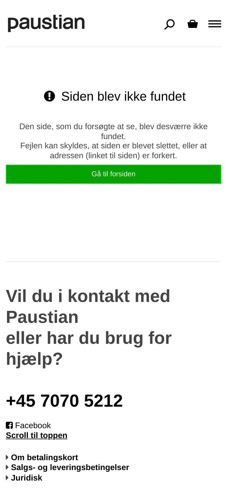 The mobile version of the 404 error page features a simplified layout with a centered exclamation icon and headline. The navigation is condensed into a hamburger menu icon next to a search icon and shopping bag. The large green call-to-action button and contact details are stacked vertically for easier scrolling.