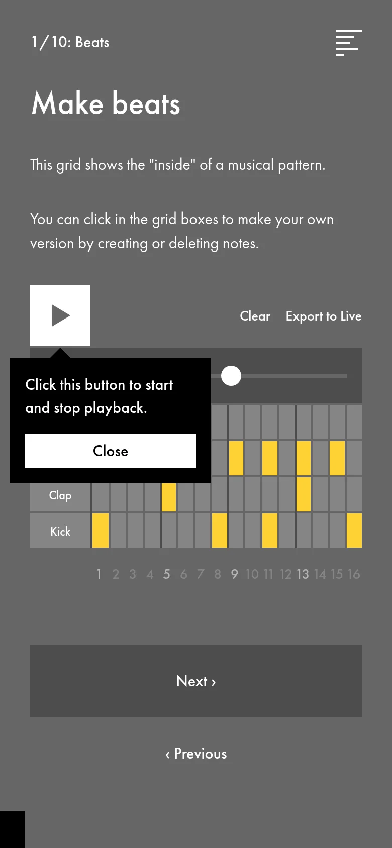 The mobile version presents a vertically stacked layout on a dark gray background, starting with the '1/10: Beats' header and 'Make beats' headline. The interactive drum sequencer grid is positioned in the middle, and large 'Next' and 'Previous' navigation buttons are prominently placed at the bottom for easy tapping.