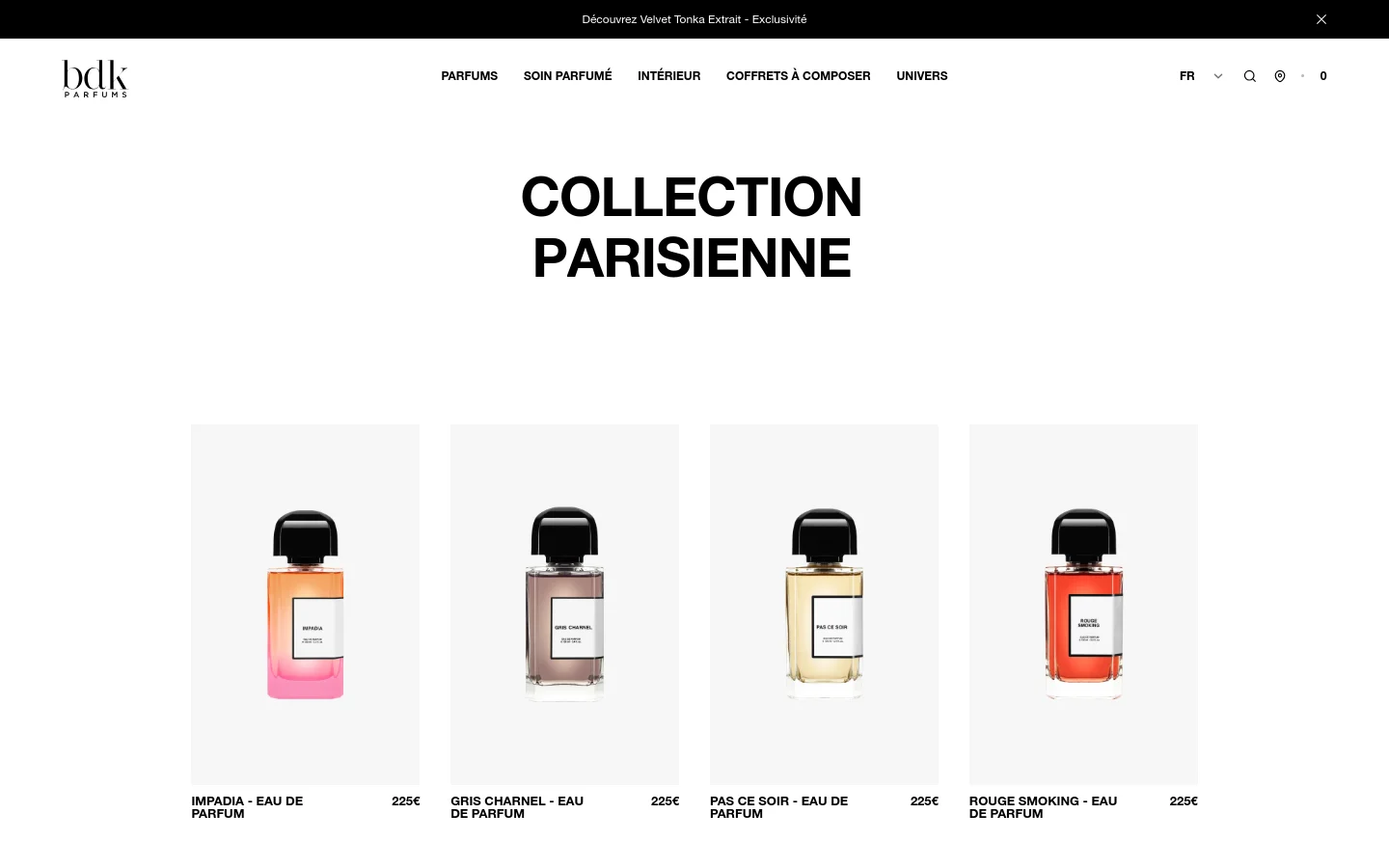The desktop website features a minimalist white layout with the large heading 'COLLECTION PARISIENNE' centered at the top. Below the heading, a grid of perfume bottles is displayed against light grey backgrounds, each accompanied by its name and price, such as 'IMPADIA - EAU DE PARFUM 225€'. The navigation menu at the top includes links for Parfums, Soin Parfumé, Intérieur, Coffrets à Composer, and Univers.