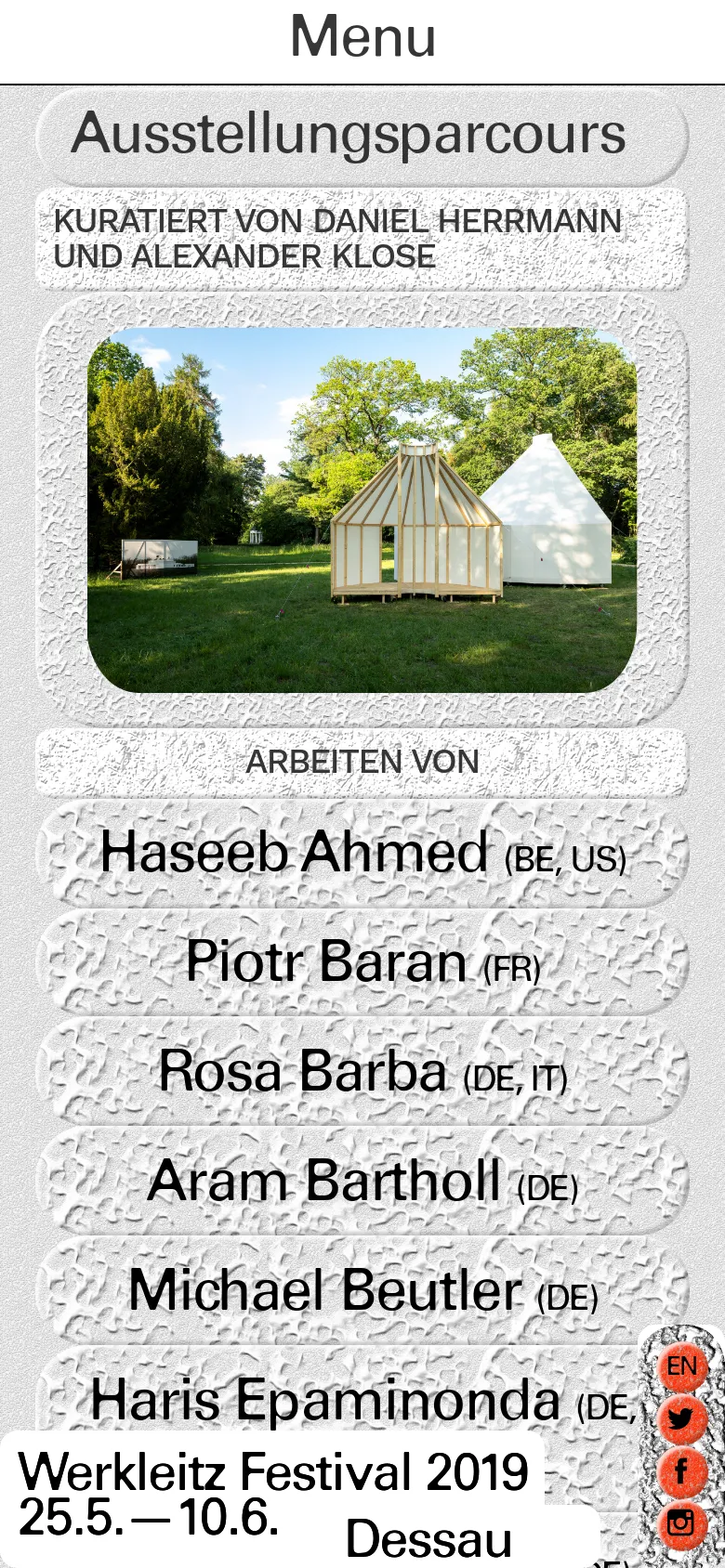 The mobile version uses a vertical layout with the same textured background and central photograph of white tents in a park. The text is stacked vertically, featuring large headings for 'Ausstellungsparcours' and a list of artist names like Haseeb Ahmed and Piotr Baran. A floating social media menu is visible on the right side.