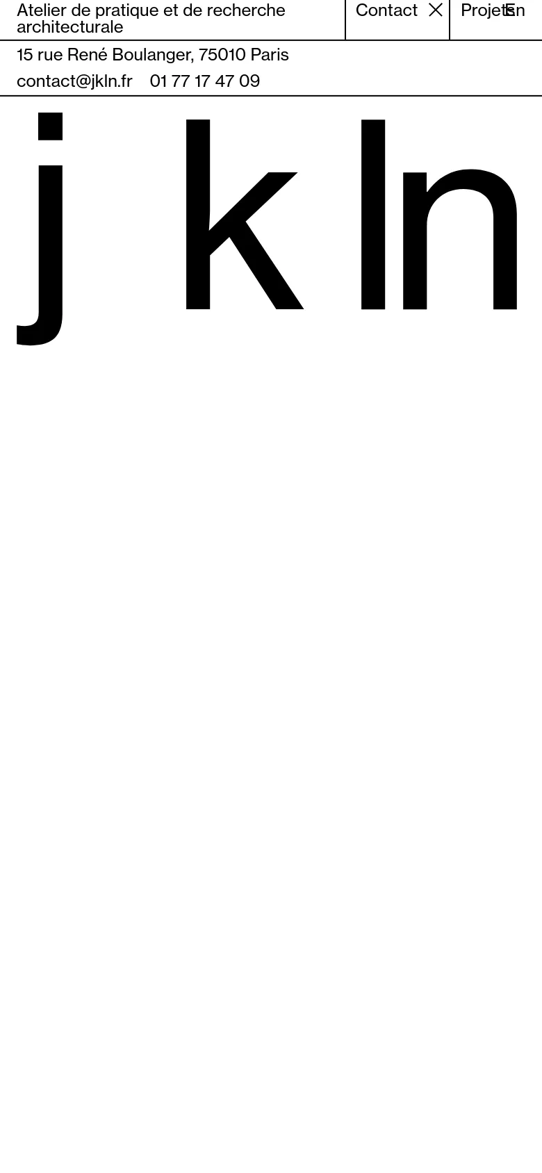 The mobile version maintains the minimalist aesthetic with large black 'j k ln' typography on a white background. The top navigation is condensed into a simplified header with a 'Contact' menu item marked with an 'X' and contact information stacked above the main logo.