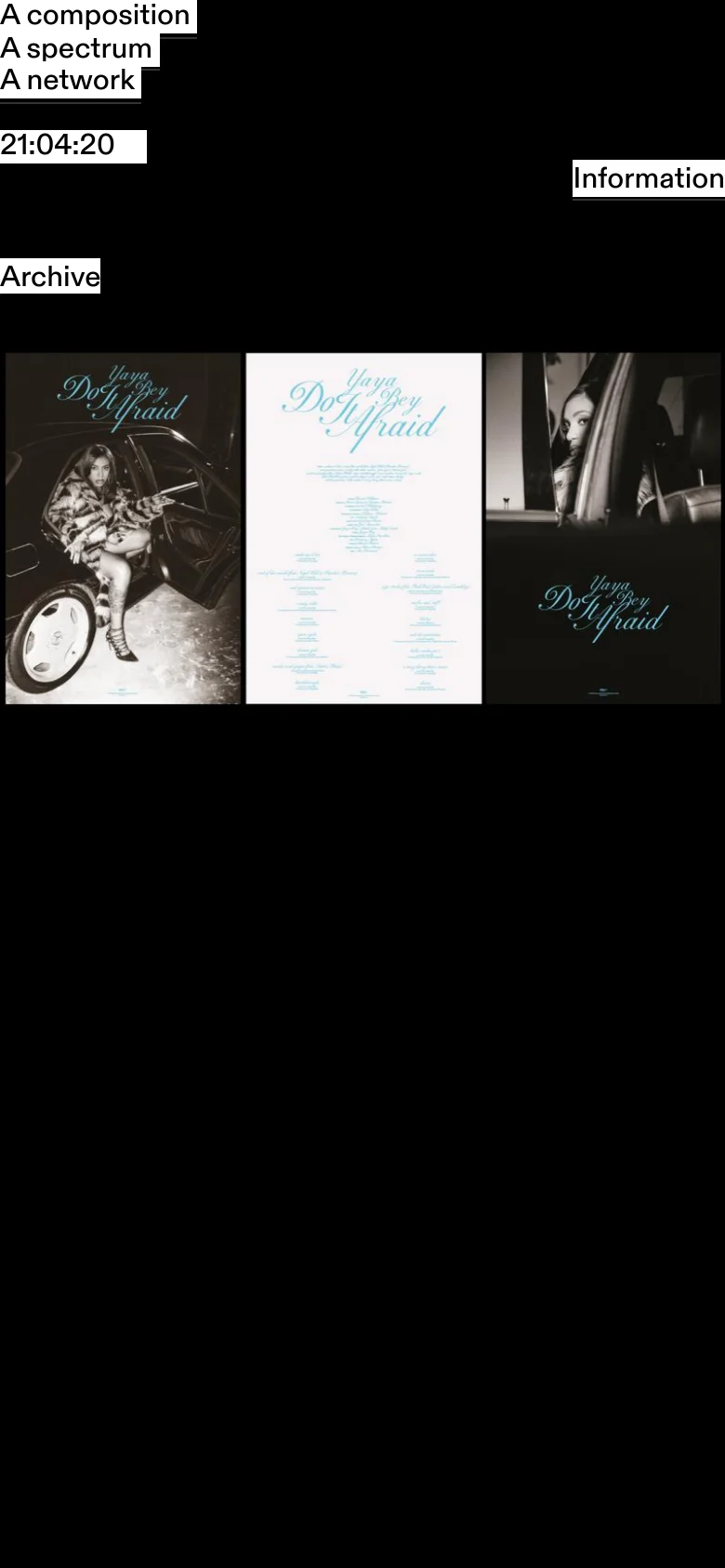 The mobile version maintains the black background and white text but shifts to a vertical, single-column layout. The text elements like 'A composition' and 'Information' are stacked at the top, and the image grid is condensed into a single row of large, full-width images for easier scrolling on a small screen.