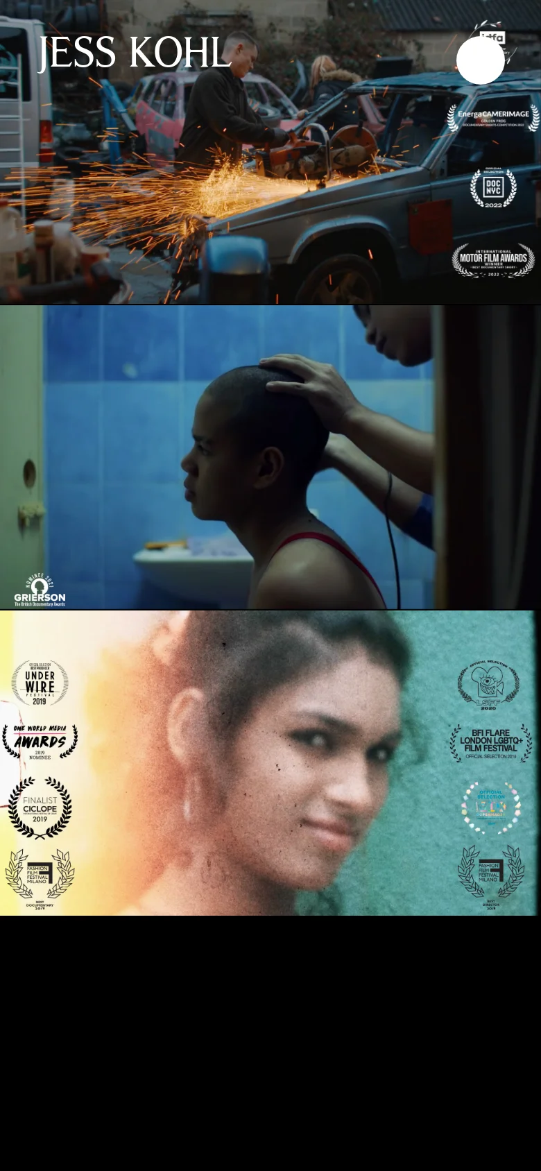 The mobile version shows a vertically stacked layout with the hero image at the top, followed by a second cinematic still of a person's profile. The navigation is simplified, and the film award laurels are distributed across the right side of the screen against the dark background.