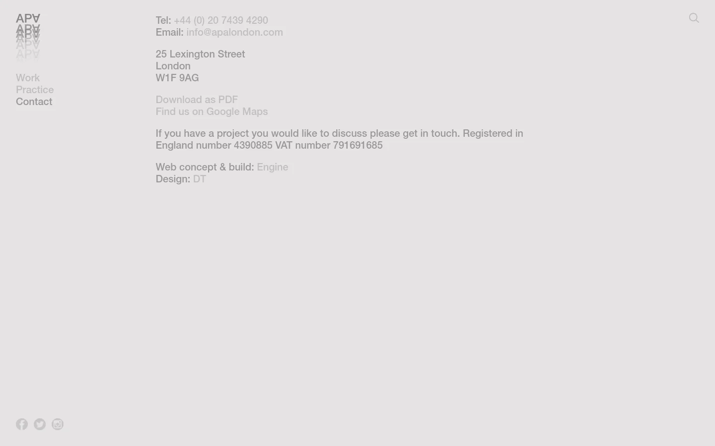 The desktop contact page features a minimalist design with a light grey background and dark grey text. A sidebar on the left contains the company logo, navigation links for Work, Practice, and Contact, and social media icons at the bottom, while the main area displays contact details including telephone, email, address, and links to a PDF map and Google Maps.