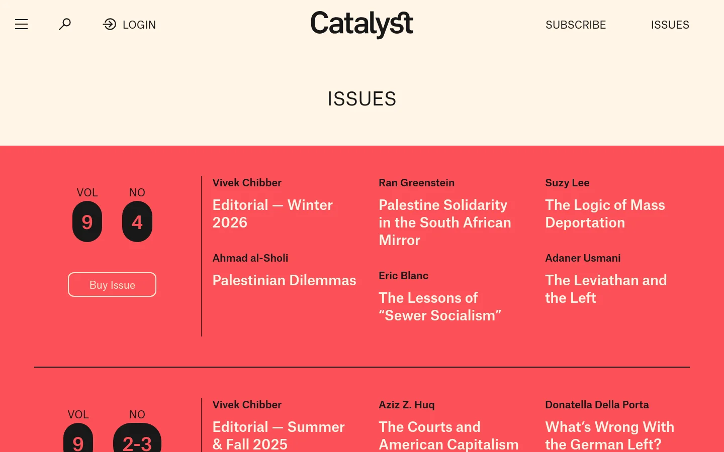 The desktop page features a minimalist design with a cream background and a large red section containing issue details. The red section displays 'VOL 9 NO 4' in large black circles, a 'Buy Issue' button, and a multi-column layout listing article titles and authors. A thin black line separates this issue from the next one below.