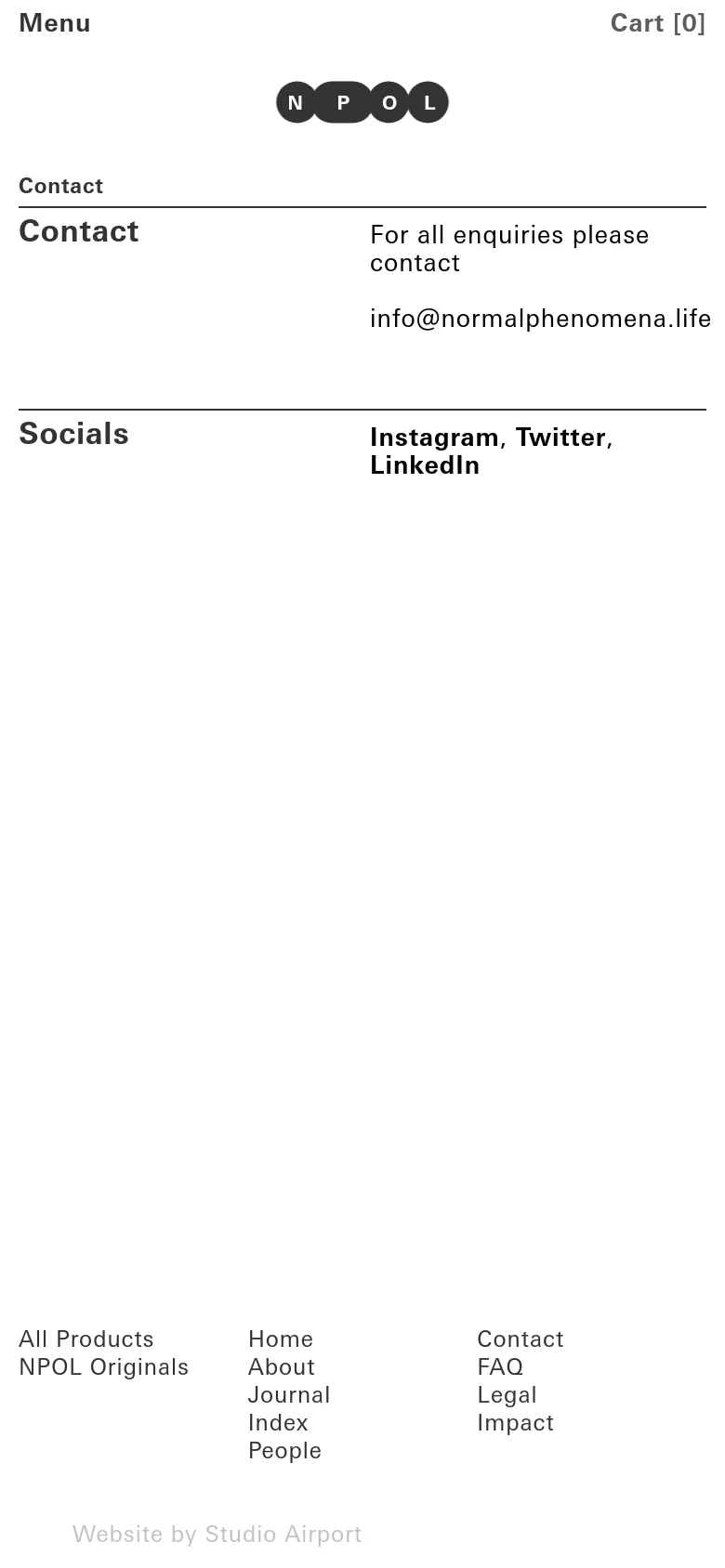 The mobile version presents a simplified, single-column vertical layout with a prominent 'Menu' and 'Cart' header. The contact information and social media links are stacked vertically for easier scrolling, maintaining the high-contrast black-on-white aesthetic.