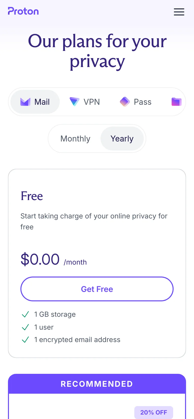 The mobile version presents a vertically stacked layout to accommodate the smaller screen. The service selection and billing toggles are condensed at the top, followed by the pricing cards which are scrolled through vertically. The 'Recommended' Mail Plus card remains prominent with a purple 'Buy Plus' button, while the overall color scheme remains light lavender and white.