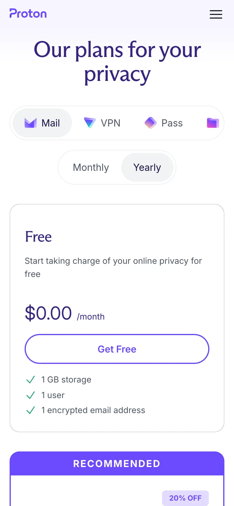 The mobile version presents a vertically stacked layout to accommodate the smaller screen. The service selection and billing toggles are condensed at the top, followed by the pricing cards which are scrolled through vertically. The 'Recommended' Mail Plus card remains prominent with a purple 'Buy Plus' button, while the overall color scheme remains light lavender and white.