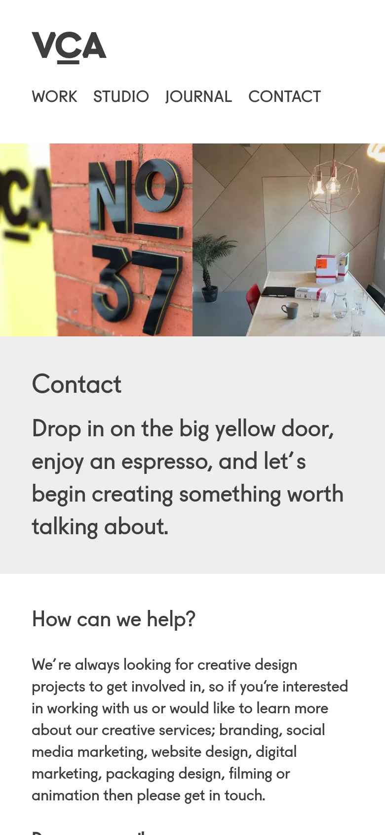 The mobile version maintains the VCA branding and navigation but presents the content in a single-column vertical stack. The split hero image is displayed at the top, followed by the 'Contact' headline and introductory text on a light grey background. The layout is simplified for vertical scrolling, focusing on readability of the text and contact information.