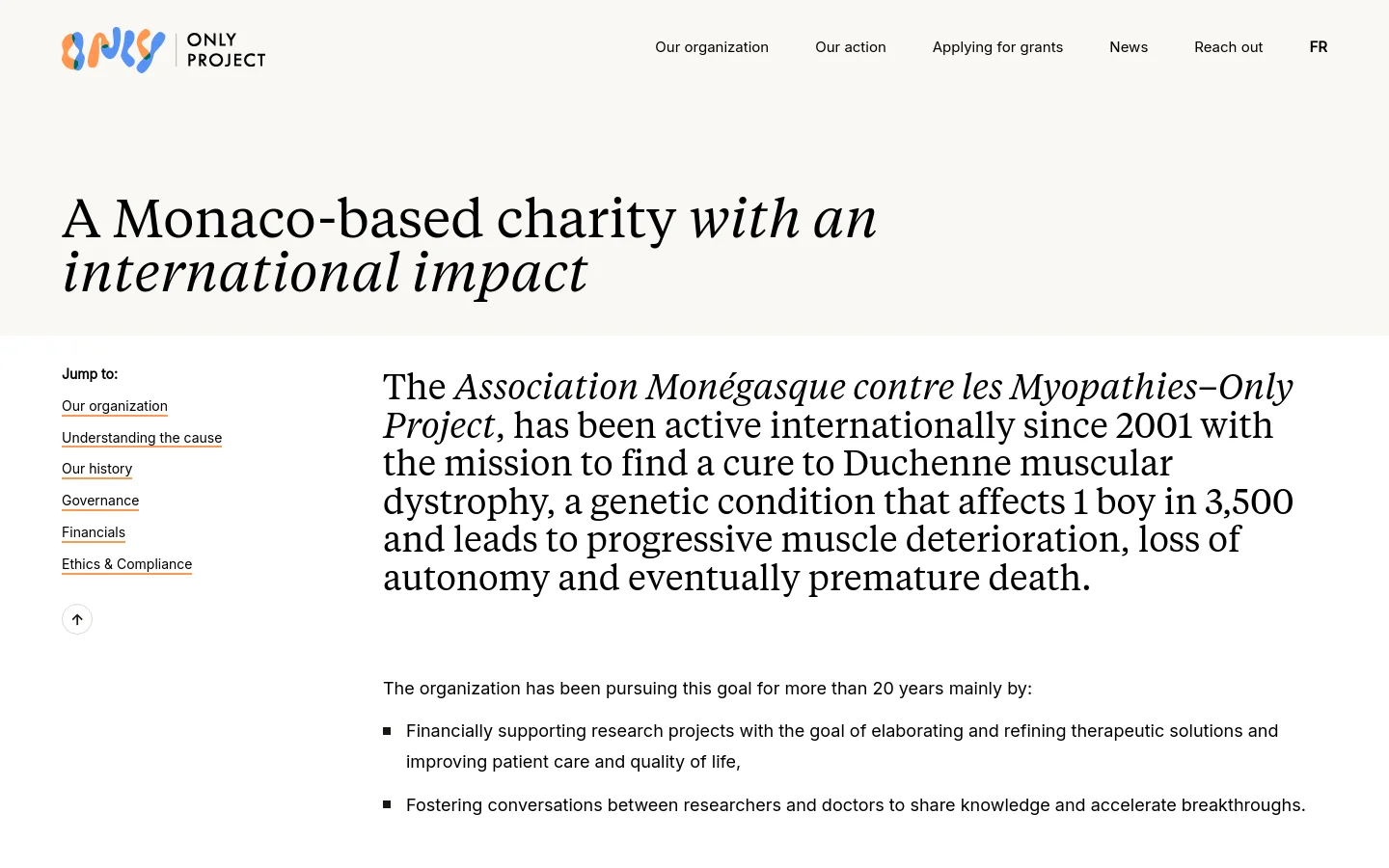 The desktop version features a clean, minimalist white layout with the ONLY PROJECT logo in the top left and a horizontal navigation menu. A large serif headline reads 'A Monaco-based charity with an international impact' against a light grey background, accompanied by a 'Jump to' sidebar menu on the left and descriptive text on the right.