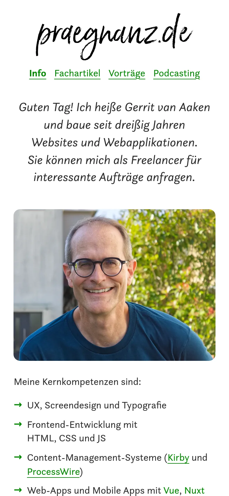 The mobile version maintains the minimalist white aesthetic but stacks all elements vertically. The handwritten logo and navigation links are centered at the top, followed by the introductory text, the large portrait photo, and the list of competencies which spans the width of the screen.