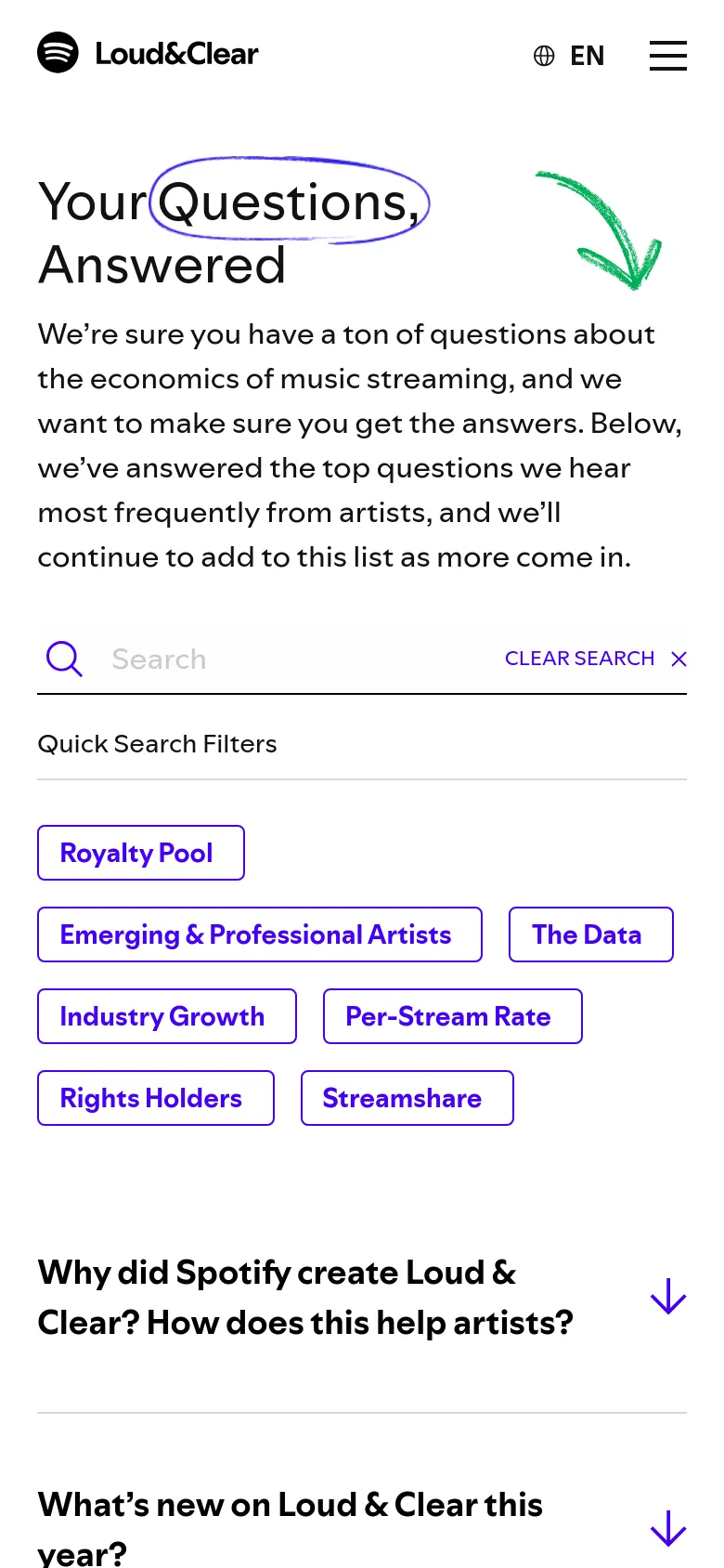 The mobile version presents a vertically stacked layout with the headline and introductory text at the top. The search bar and filter buttons occupy the full width of the screen, followed by the accordion-style FAQ list. A hamburger menu icon and language selector are visible in the top navigation bar.