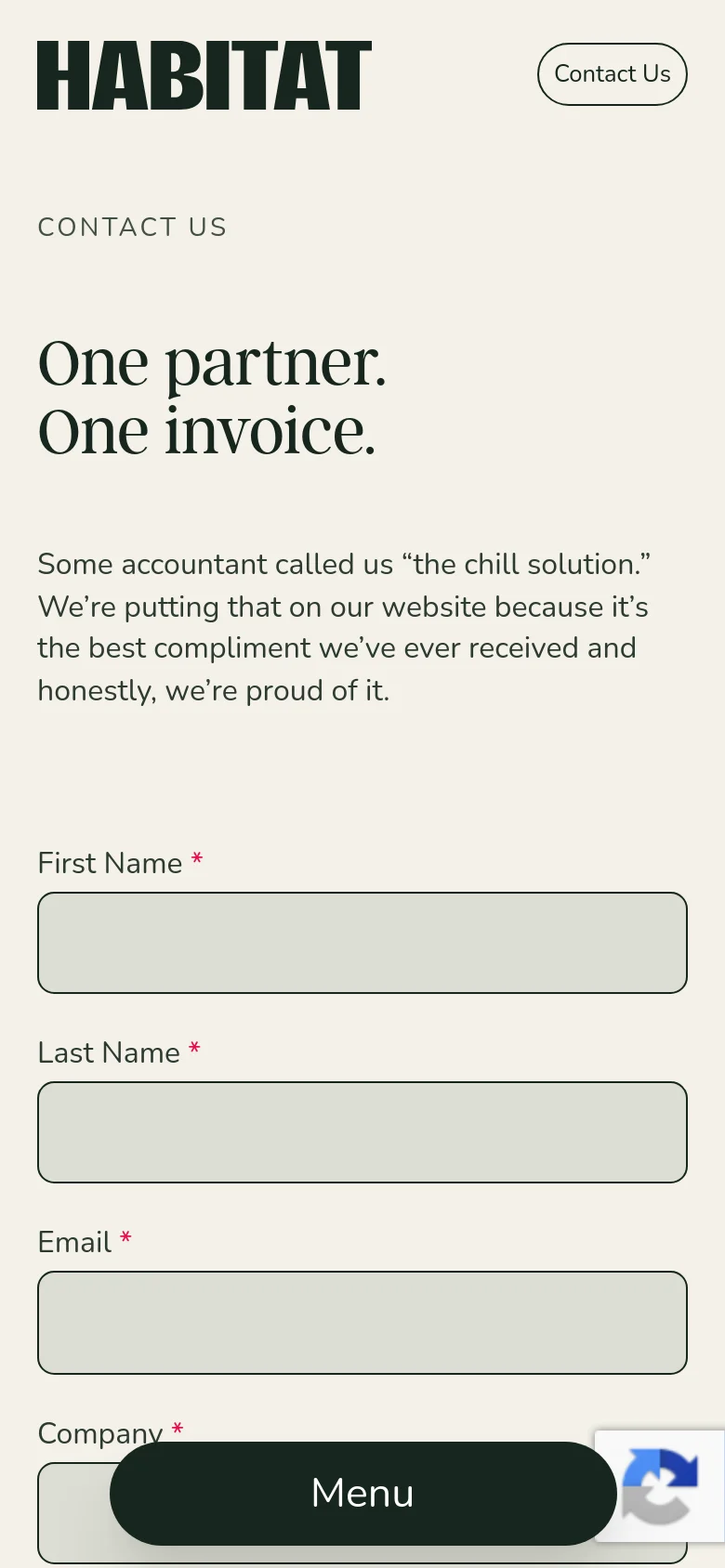 The mobile version uses a single-column layout on a cream background, stacking the 'Contact Us' heading, large serif headline, and descriptive text vertically. The contact form fields follow below the text, and a large dark 'Menu' button is anchored at the bottom of the screen.