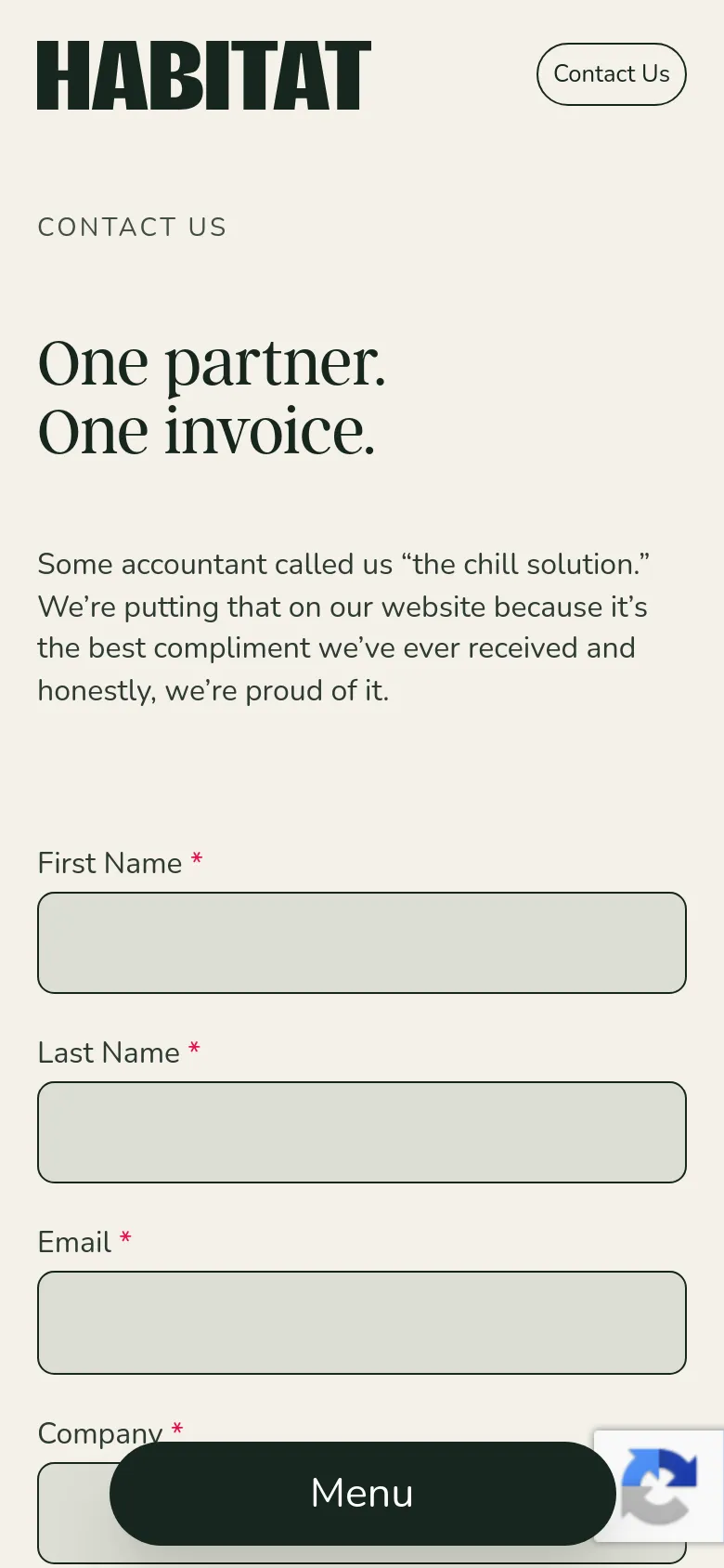 The mobile version uses a single-column layout on a cream background, stacking the 'Contact Us' heading, large serif headline, and descriptive text vertically. The contact form fields follow below the text, and a large dark 'Menu' button is anchored at the bottom of the screen.