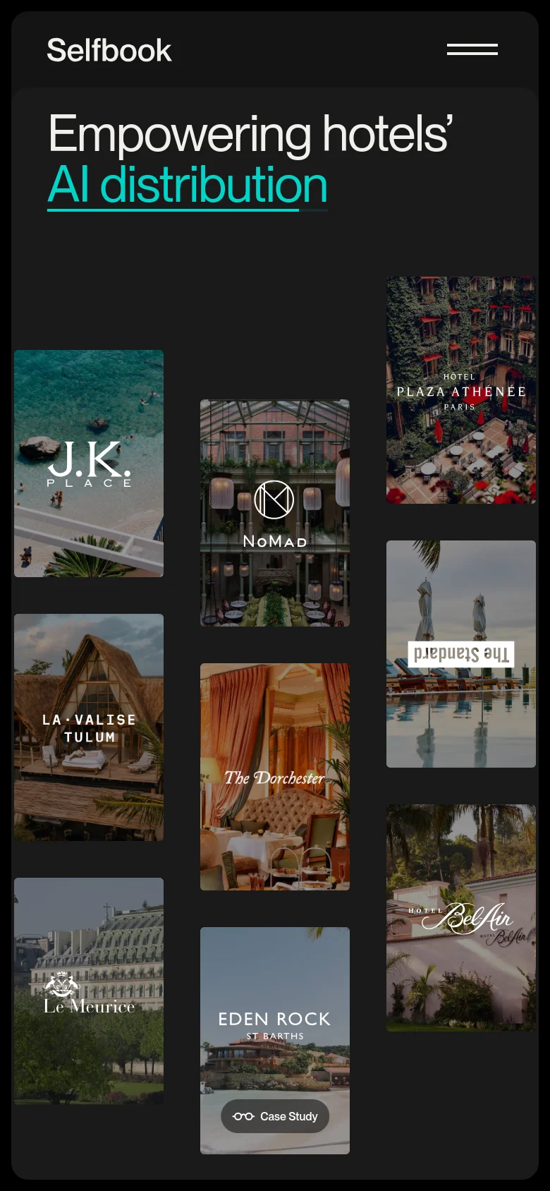 The mobile version maintains the dark aesthetic but uses a condensed vertical layout with a hamburger menu for navigation. The hero text is stacked, and the hotel property images are arranged in a single-column scrollable format, making the visual grid more prominent on a smaller screen.