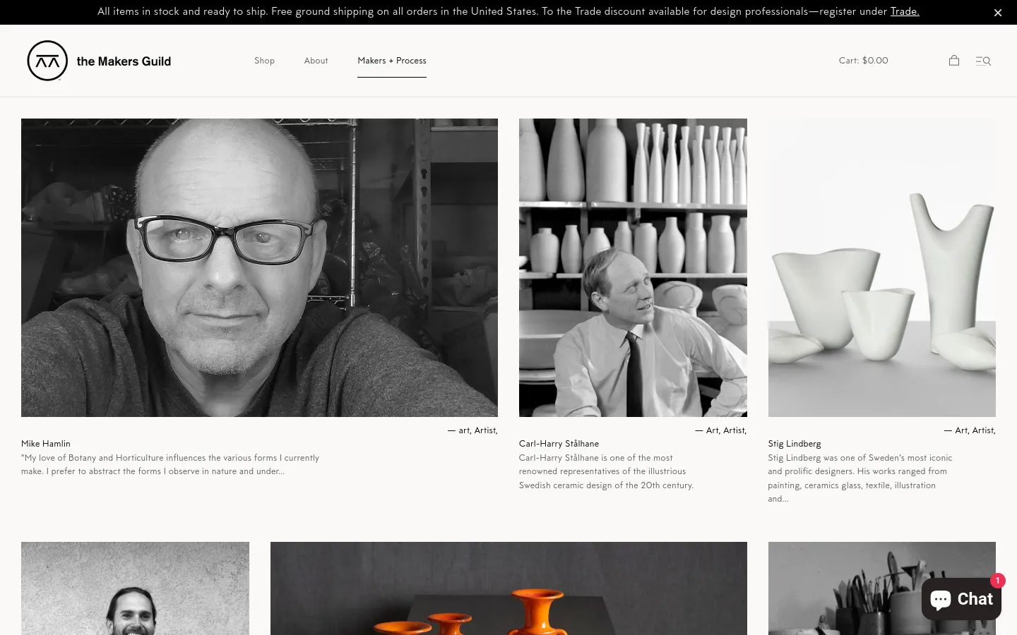 The desktop view shows a minimalist journal page with a white background and black text. A grid layout features large black and white portrait photographs of artists, each accompanied by their name, category tags like 'art' and 'Artist', and a short introductory excerpt. The navigation header includes the brand logo, links for Shop, About, and Makers + Process, and a shopping cart icon.