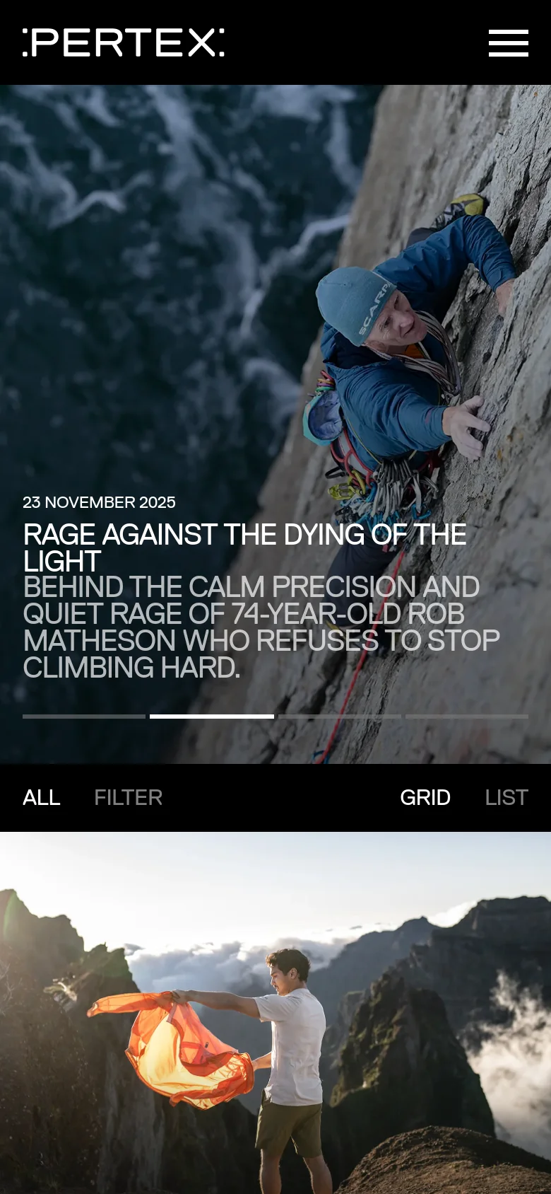 The mobile version maintains the dark aesthetic but transitions to a single-column vertical layout for easier scrolling. The hero imagery and article cards are scaled to fit the narrower screen, and the navigation filters and view toggles are condensed to optimize space.