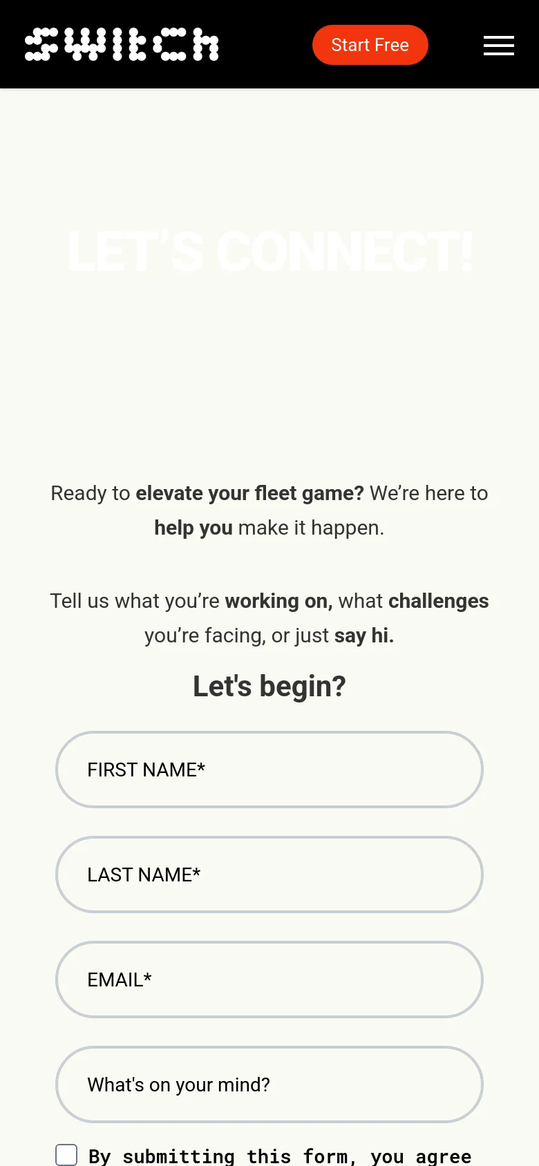 The mobile version uses a single-column vertical layout where the large 'LET'S CONNECT!' heading is centered at the top. Below the heading, the text and contact form fields are stacked vertically for easy scrolling. A bright orange 'Start Free' button is prominent in the header, and a lime green notification bar appears at the bottom of the screen.