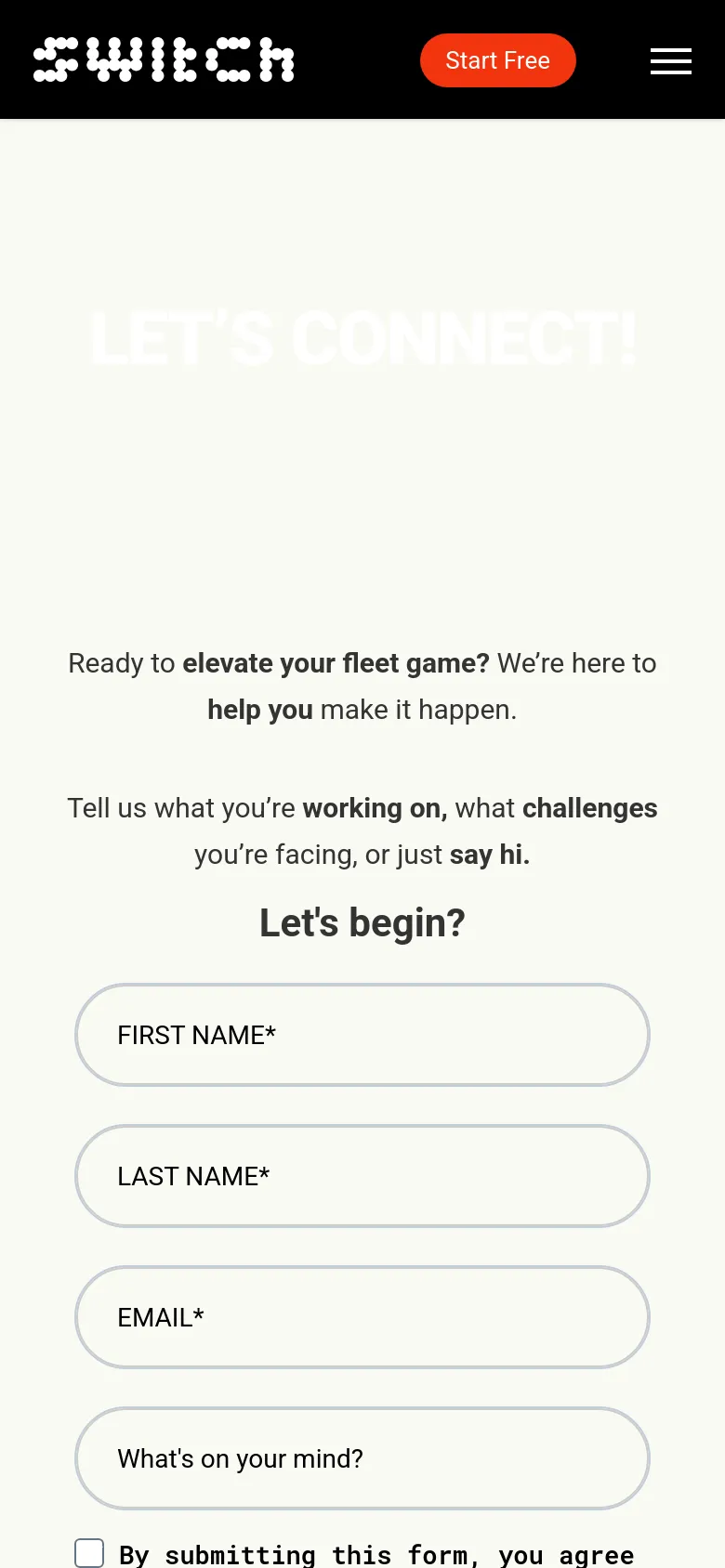 The mobile version uses a single-column vertical layout where the large 'LET'S CONNECT!' heading is centered at the top. Below the heading, the text and contact form fields are stacked vertically for easy scrolling. A bright orange 'Start Free' button is prominent in the header, and a lime green notification bar appears at the bottom of the screen.