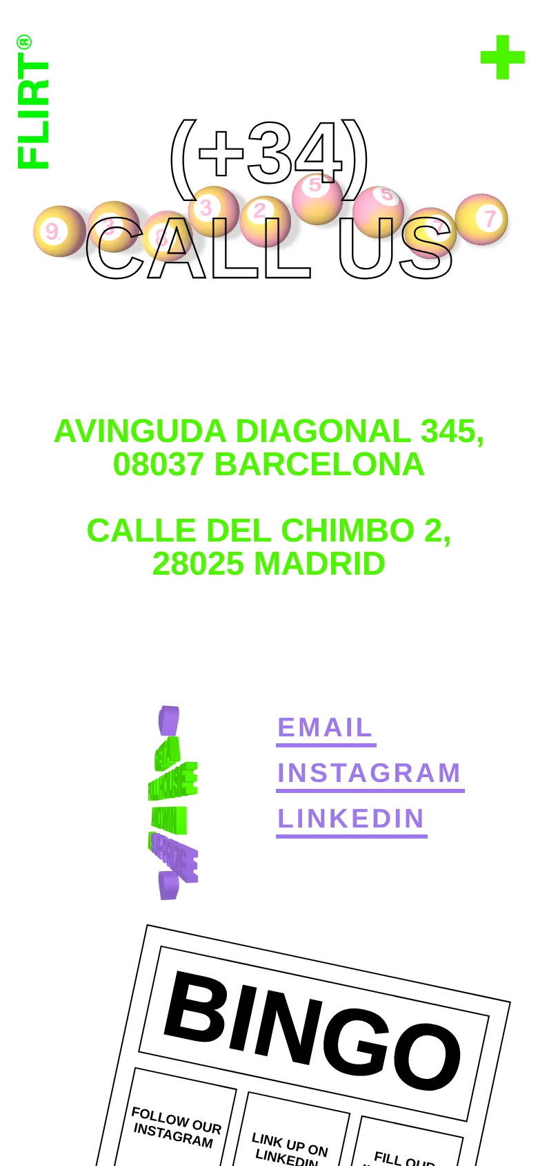 The mobile version maintains the white background and green accent colors but uses a vertically stacked layout. The large 'CALL US' text and 3D number spheres are scaled down to fit the narrow screen, followed by the addresses and a list of text-based contact links like Email, Instagram, and LinkedIn.