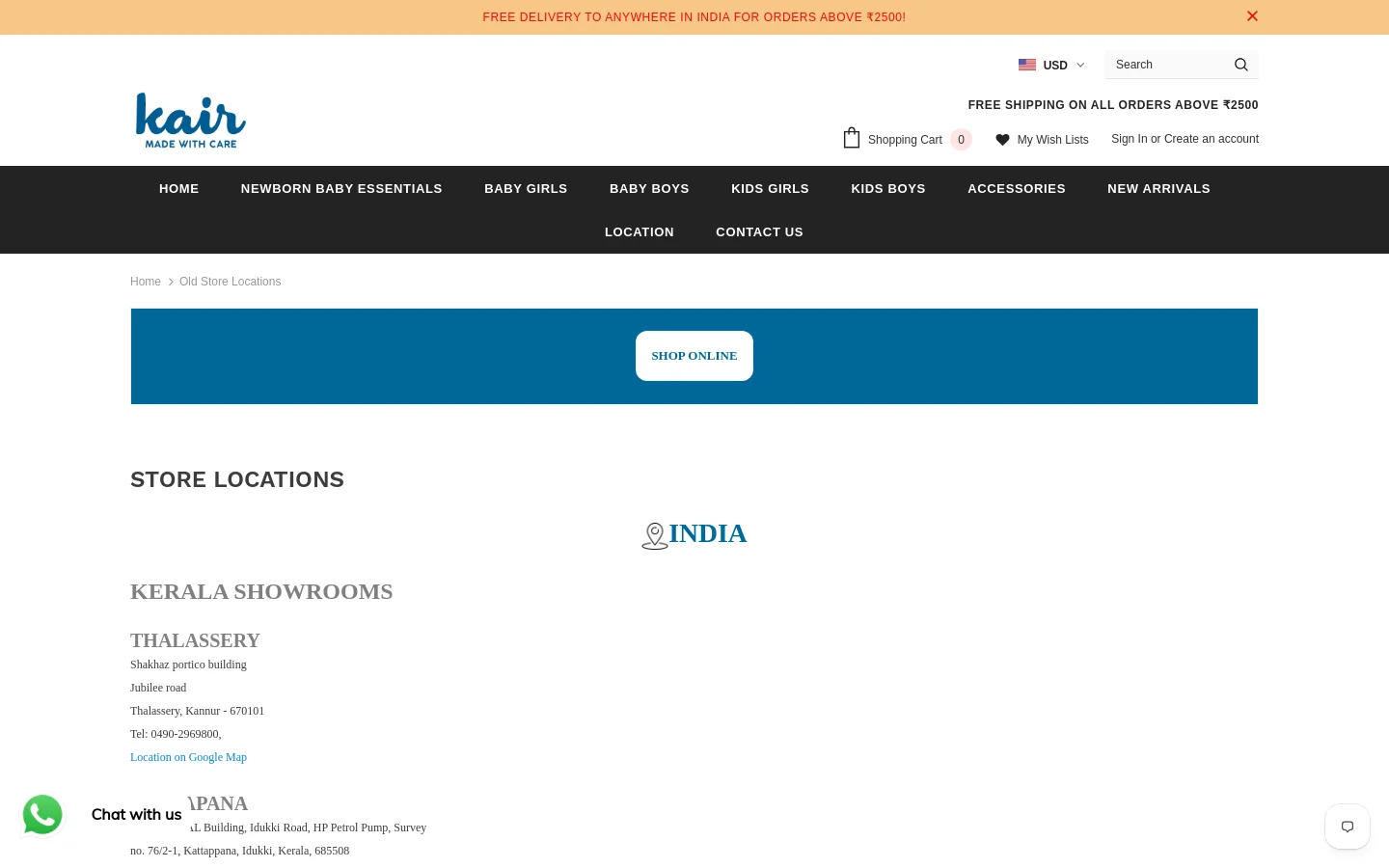 The desktop page features a white header with the Kair logo, navigation menu, and a blue banner with a 'SHOP ONLINE' button. Below, the 'STORE LOCATIONS' section displays a list of Kerala showrooms, including Thalassery and Kattapana, with addresses, phone numbers, and Google Map links. The layout is clean with dark grey text on a white background.
