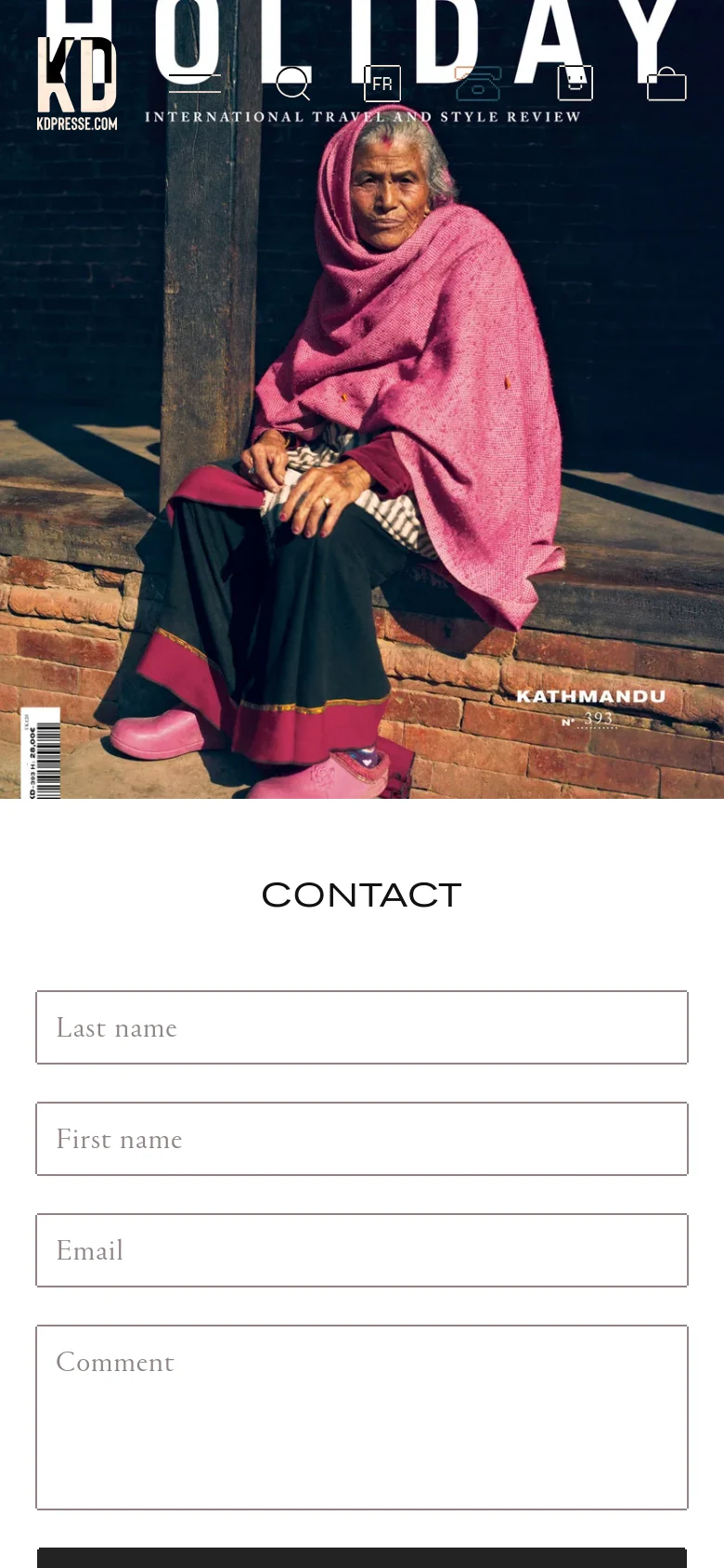 The mobile version stacks the content vertically, beginning with the large 'HOLIDAY' magazine cover image. Below the image, the 'CONTACT' heading is followed by a full-width contact form and the office contact details at the bottom of the screen.