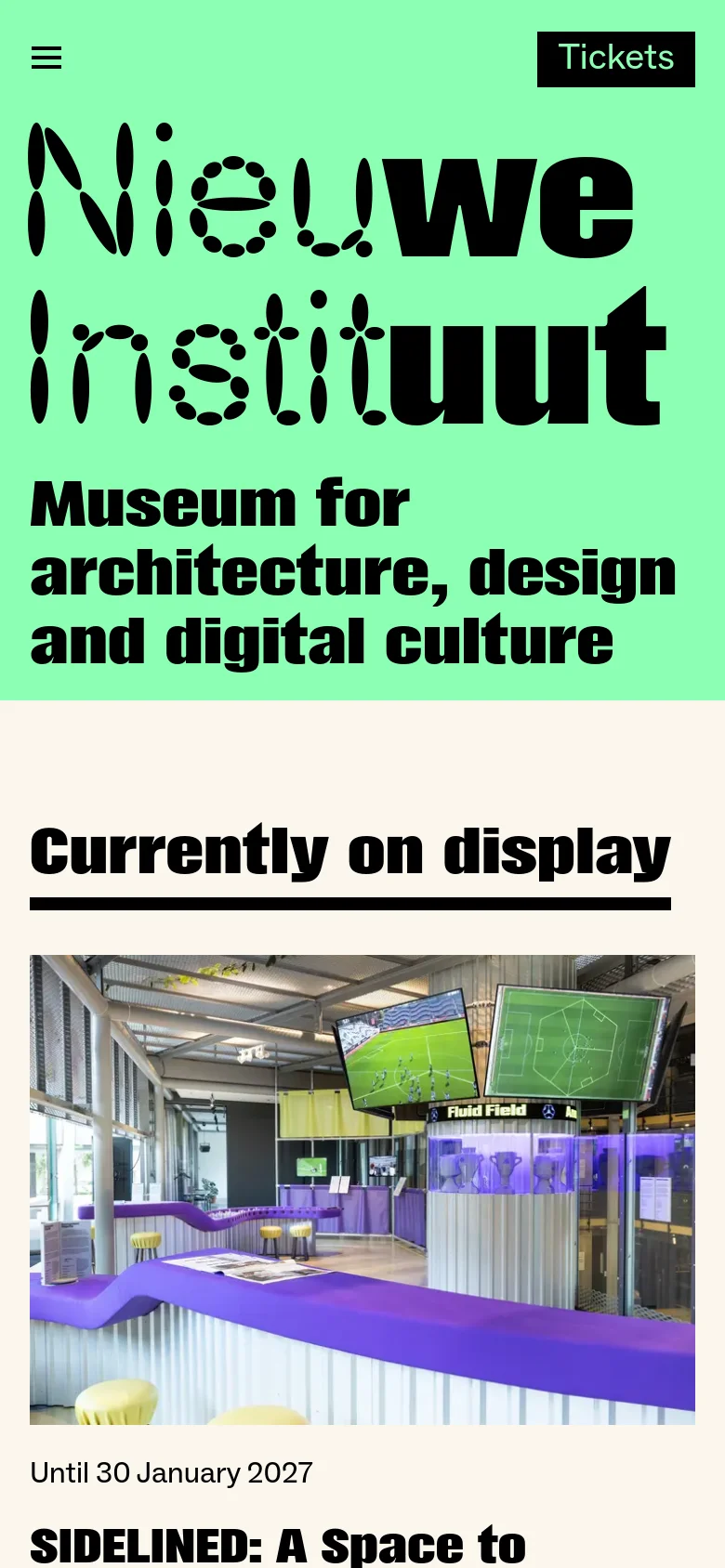 The mobile version simplifies the layout, stacking the lime green header and the 'Currently on display' section vertically. The exhibition cards transition from a horizontal row to a single-column vertical stack to fit the narrow screen width.