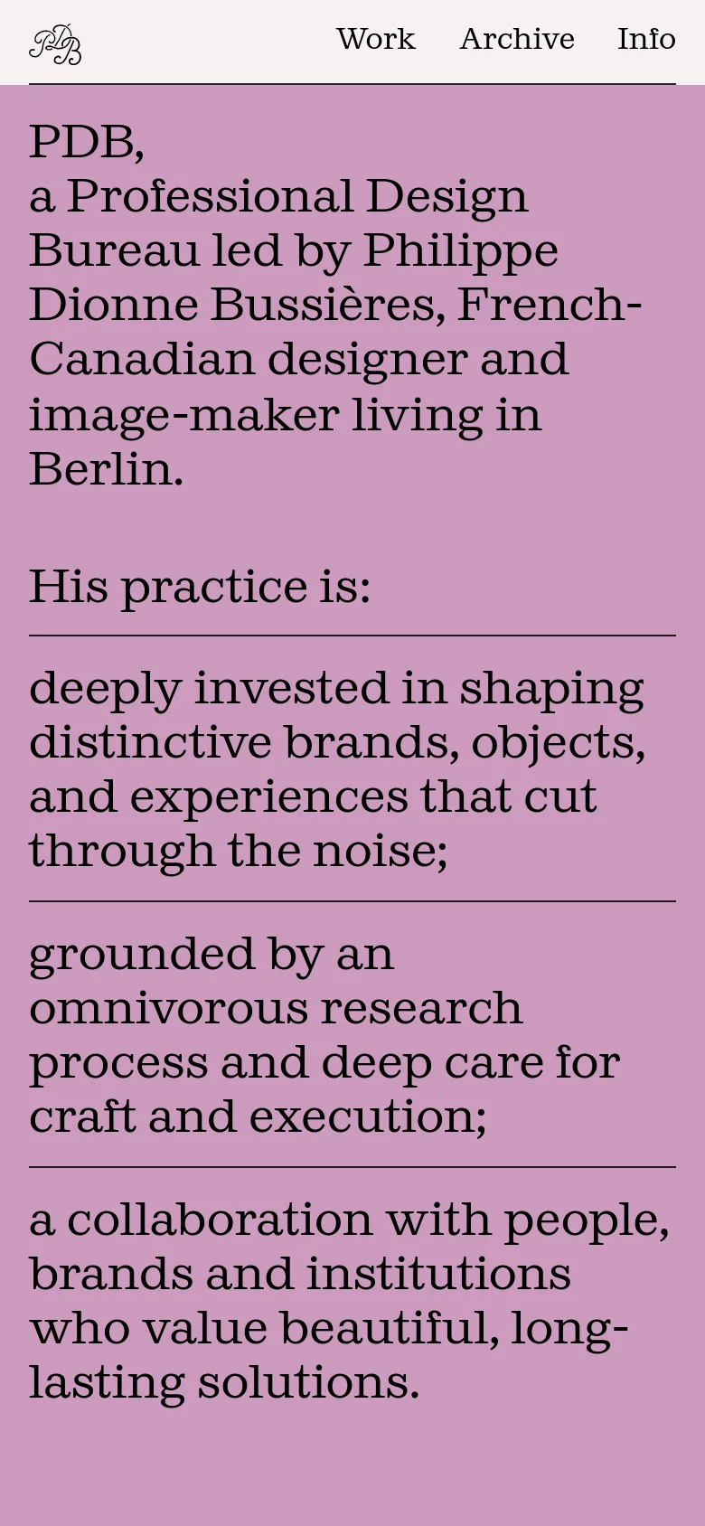 The mobile version maintains the light pink background and serif text but uses a single-column vertical layout for readability. The content focuses on the large headline bio and practice philosophy, with navigation links condensed at the top.