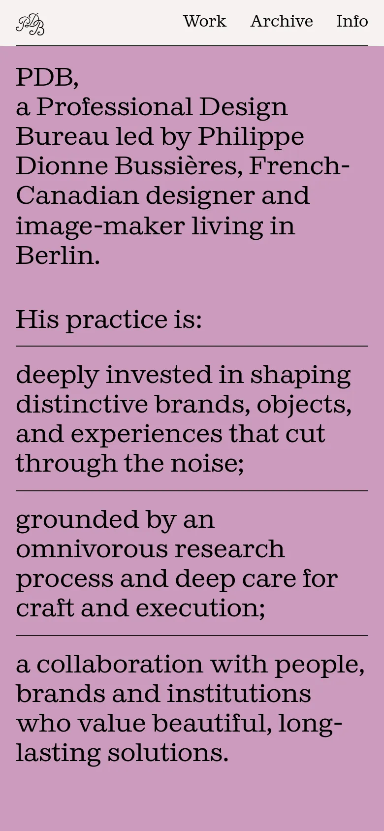 The mobile version maintains the light pink background and serif text but uses a single-column vertical layout for readability. The content focuses on the large headline bio and practice philosophy, with navigation links condensed at the top.