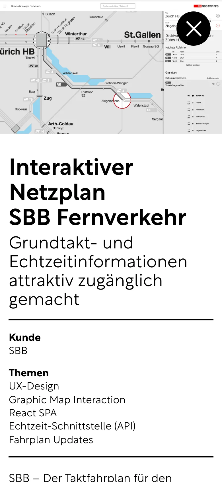 The mobile version presents a vertically stacked layout optimized for small screens. The large railway map hero image is positioned at the top, followed by the main title 'Interaktiver Netzplan SBB Fernverkehr' in large bold text. The client and project themes are listed below the headline in a single column, maintaining the minimalist white and black color scheme.
