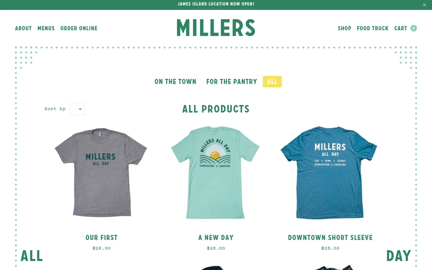The desktop shop page features a clean white background with a green announcement bar at the top. A navigation menu includes links for About, Menus, Order Online, Shop, Food Truck, and Cart, while a sub-navigation bar allows filtering by 'On the Town', 'For the Pantry', or 'All'. The main content displays a grid of product images, such as t-shirts, with titles and prices listed below each item.