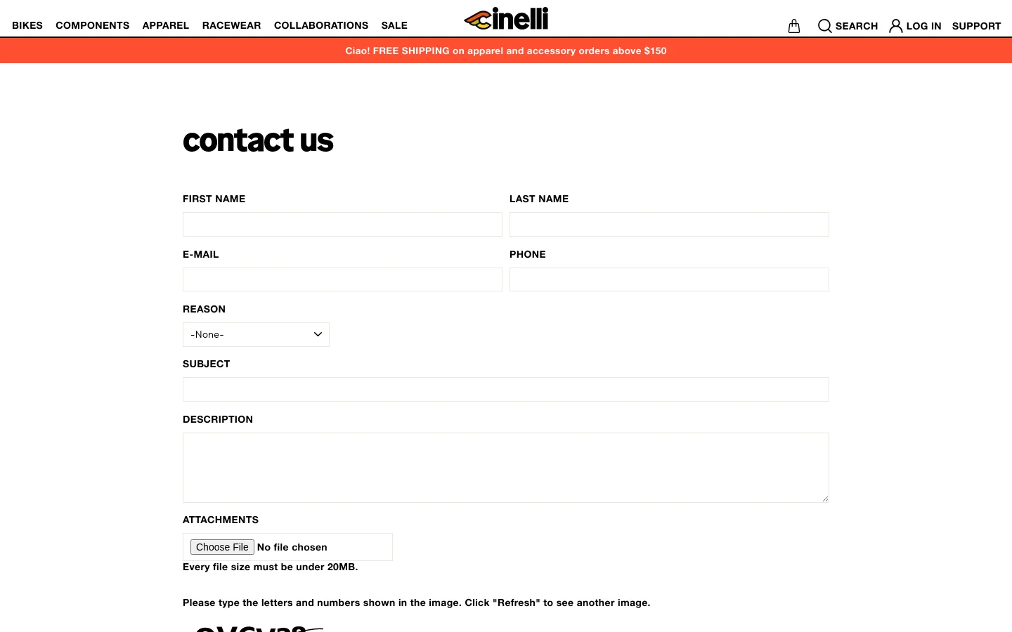 The desktop Support page features a minimalist white background with a large black 'contact us' headline. Below the headline is a vertical contact form with fields for First Name, Last Name, E-mail, Phone, Reason dropdown, Subject, Description, and an Attachment upload button. The top navigation bar is white with black text, featuring the Cinelli logo in the center and a red promotional banner at the very top.