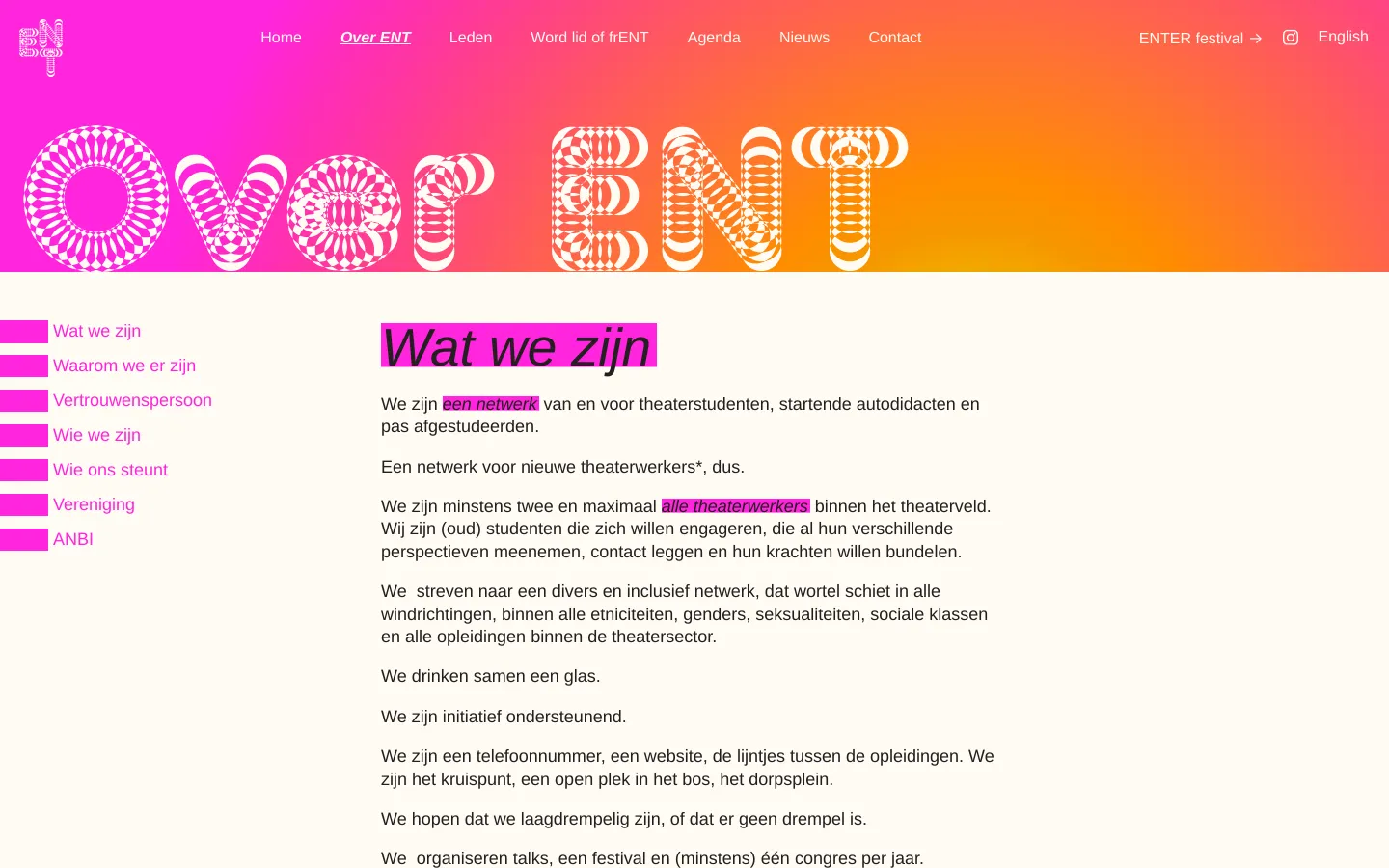 The desktop version features a vibrant pink-to-orange gradient hero section with large, stylized white outlined text reading 'Over ENT'. Below the hero, a sidebar on the left contains a list of navigation links, while the main content area on the right uses black text on a white background with magenta highlights for emphasis.