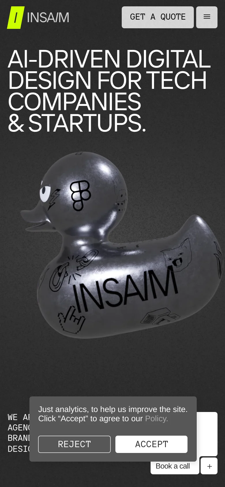 The mobile version presents a vertically stacked layout with the large headline positioned above the 3D character image. The navigation is condensed into a hamburger menu icon, and the 'GET A QUOTE' button is prominently placed in the header. A cookie consent banner and a 'Book a call' floating button appear at the bottom of the screen.