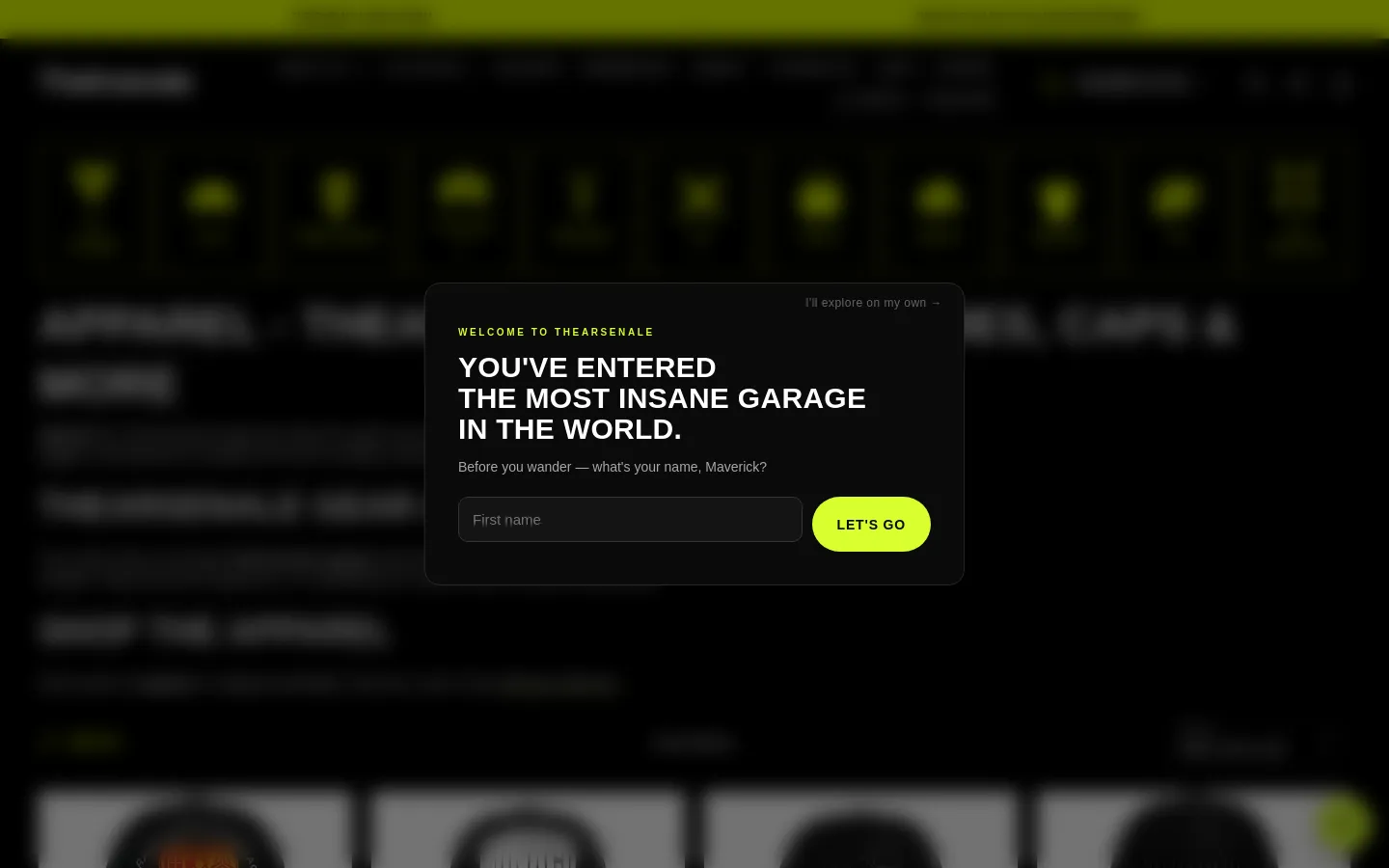 The desktop apparel collection page features a dark theme with high-contrast lime green accents. A large headline introduces the collection, followed by descriptive text and a product grid, though a prominent pop-up modal currently overlays the center with the text 'You've entered the most insane garage in the world' and a name entry field. The navigation bar at the top includes various categories and a search icon.