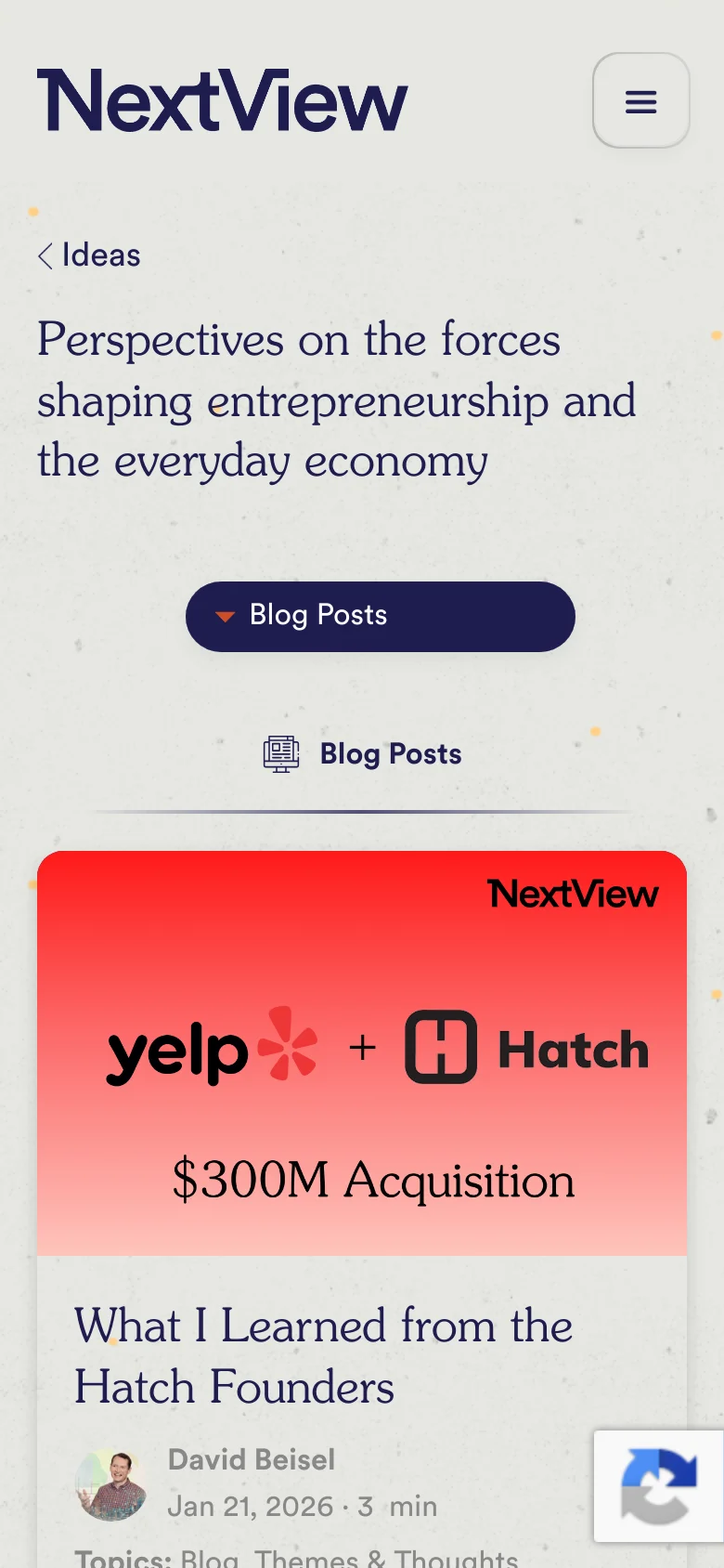 The mobile version presents a vertically stacked layout on a textured background. The main headline is prominent at the top, followed by a dark blue dropdown menu labeled 'Blog Posts' that replaces the desktop navigation bar. The featured blog post card follows, showing the red gradient graphic and article details in a single column format.