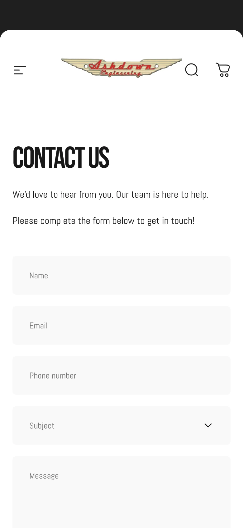 The mobile version presents a simplified vertical layout on a white background. The header contains a hamburger menu icon, the Ashdown Engineering logo, a search icon, and a shopping cart icon. The 'Contact Us' headline and introductory text are followed by a single-column contact form with large input fields for Name, Email, Phone number, Subject, and Message.