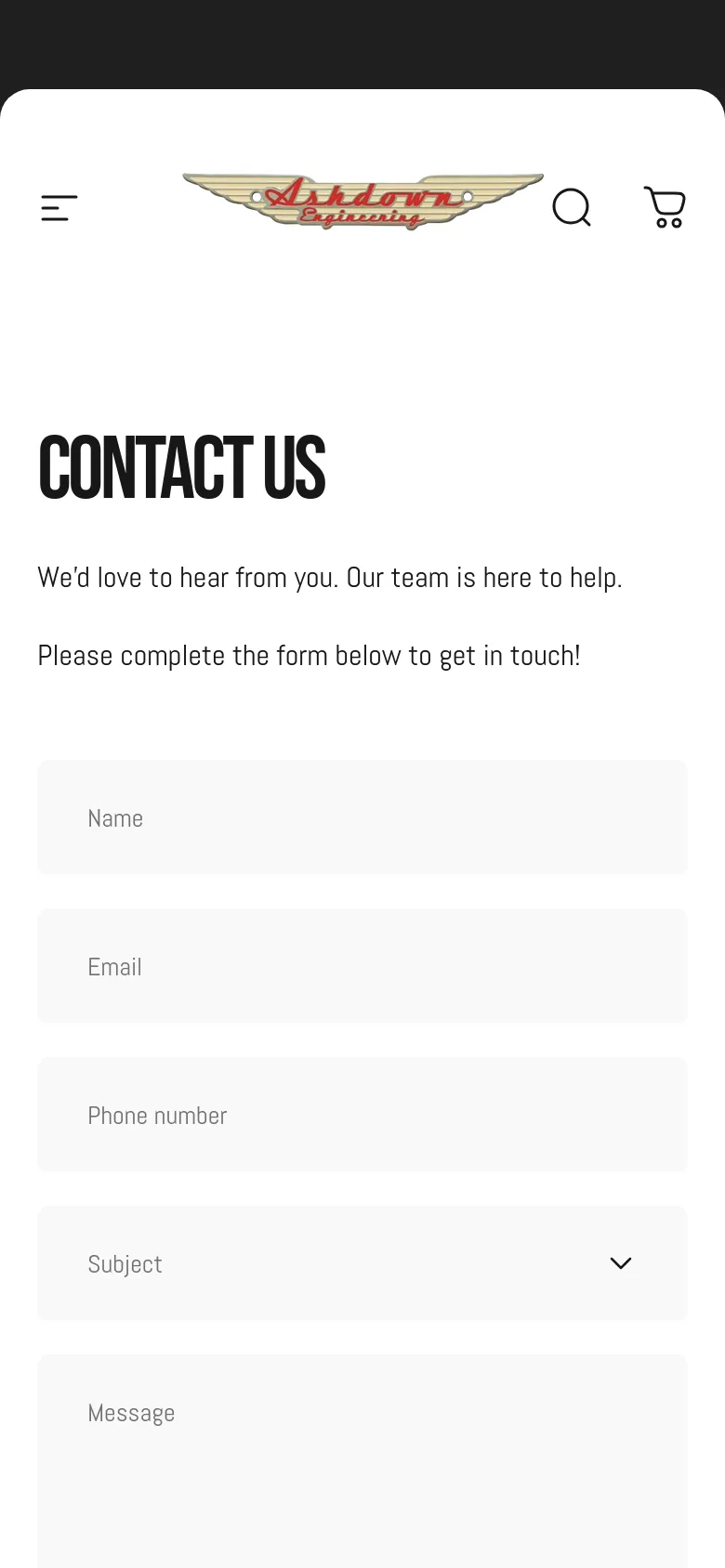 The mobile version presents a simplified vertical layout on a white background. The header contains a hamburger menu icon, the Ashdown Engineering logo, a search icon, and a shopping cart icon. The 'Contact Us' headline and introductory text are followed by a single-column contact form with large input fields for Name, Email, Phone number, Subject, and Message.