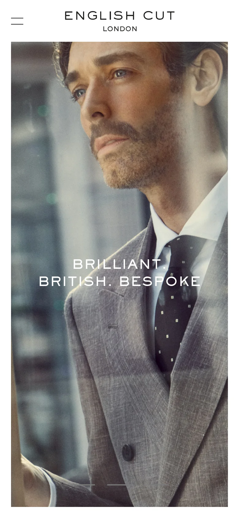 The mobile version maintains the same hero image and 'BRILLIANT. BRITISH. BESPOKE' headline but uses a vertical aspect ratio. The logo and hamburger menu are stacked at the top, with the menu icon positioned to the left of the centered logo.