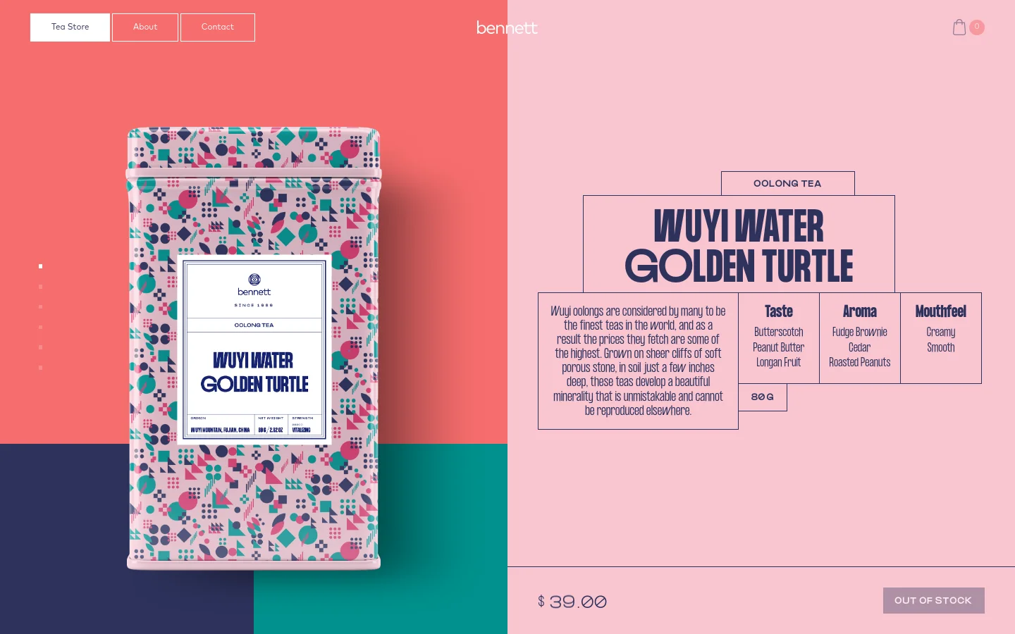 The desktop page for Bennett Tea features a large, colorful patterned tea bag on the left against a split coral and dark blue background. On the right, a minimalist layout displays the headline 'WUYI WATER GOLDEN TURTLE' under 'OOLONG TEA', accompanied by tasting notes and a price of $39.00 with an 'OUT OF STOCK' button.