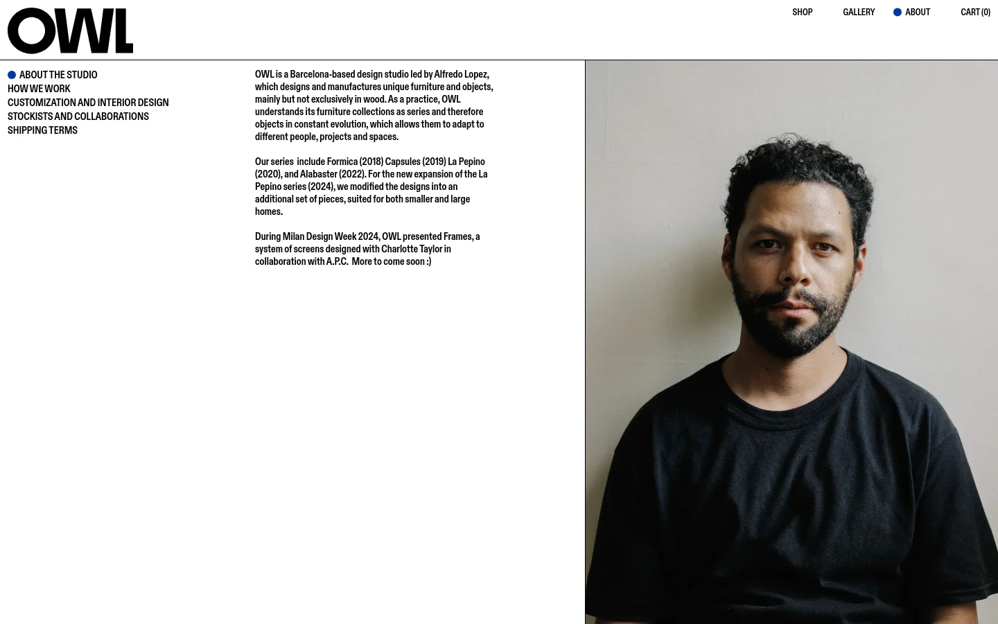The desktop page features a minimalist layout with a large portrait of Alfredo Lopez on the right and text content on the left. A navigation menu at the top includes links for Shop, Gallery, About, and Cart, while a sidebar menu on the left lists studio information and terms. The color palette is neutral, consisting of black text on a white background.
