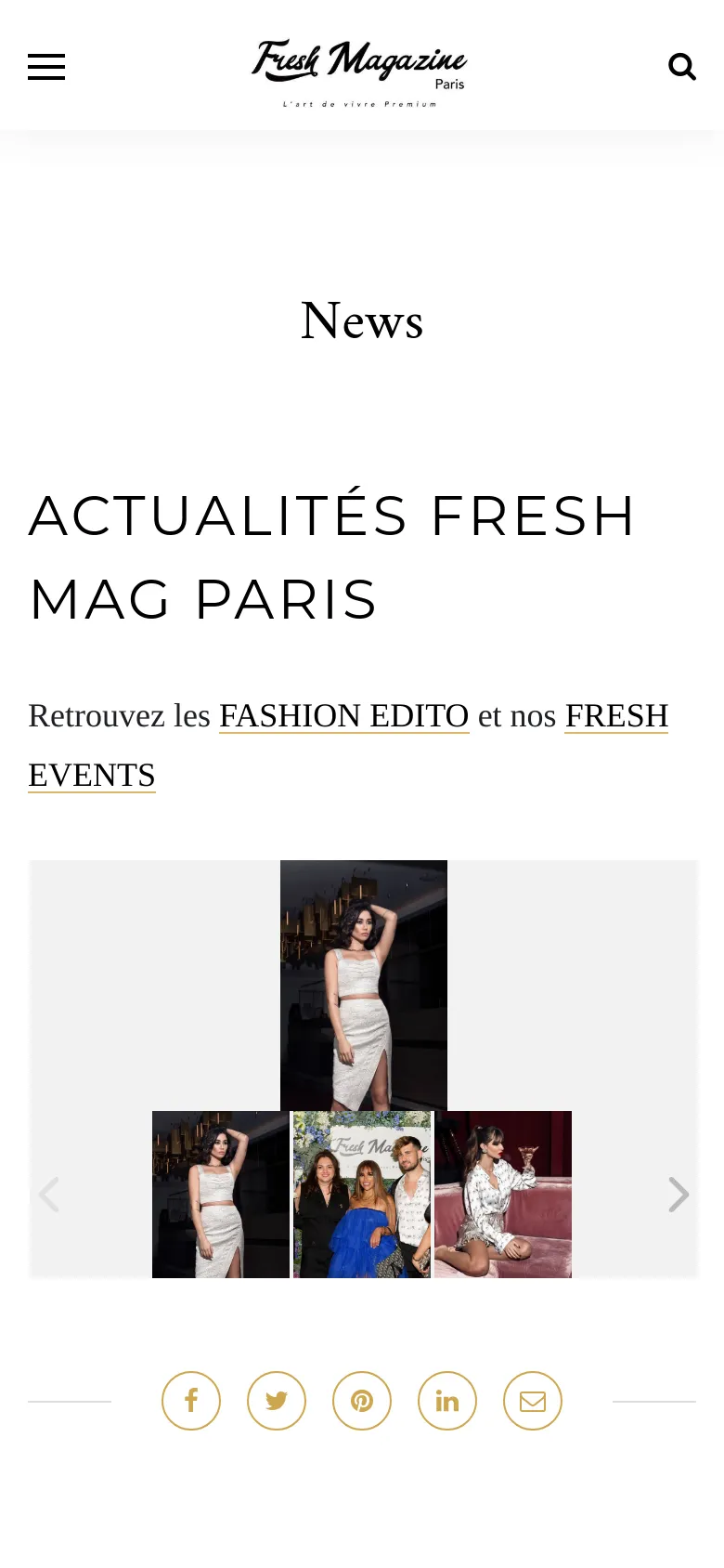 The mobile version presents a simplified vertical layout with a hamburger menu icon on the left and a search icon on the right of the centered logo. The large 'News' headline and 'ACTUALITÉS' section are stacked vertically, followed by a single-column image slider and social sharing buttons at the bottom.
