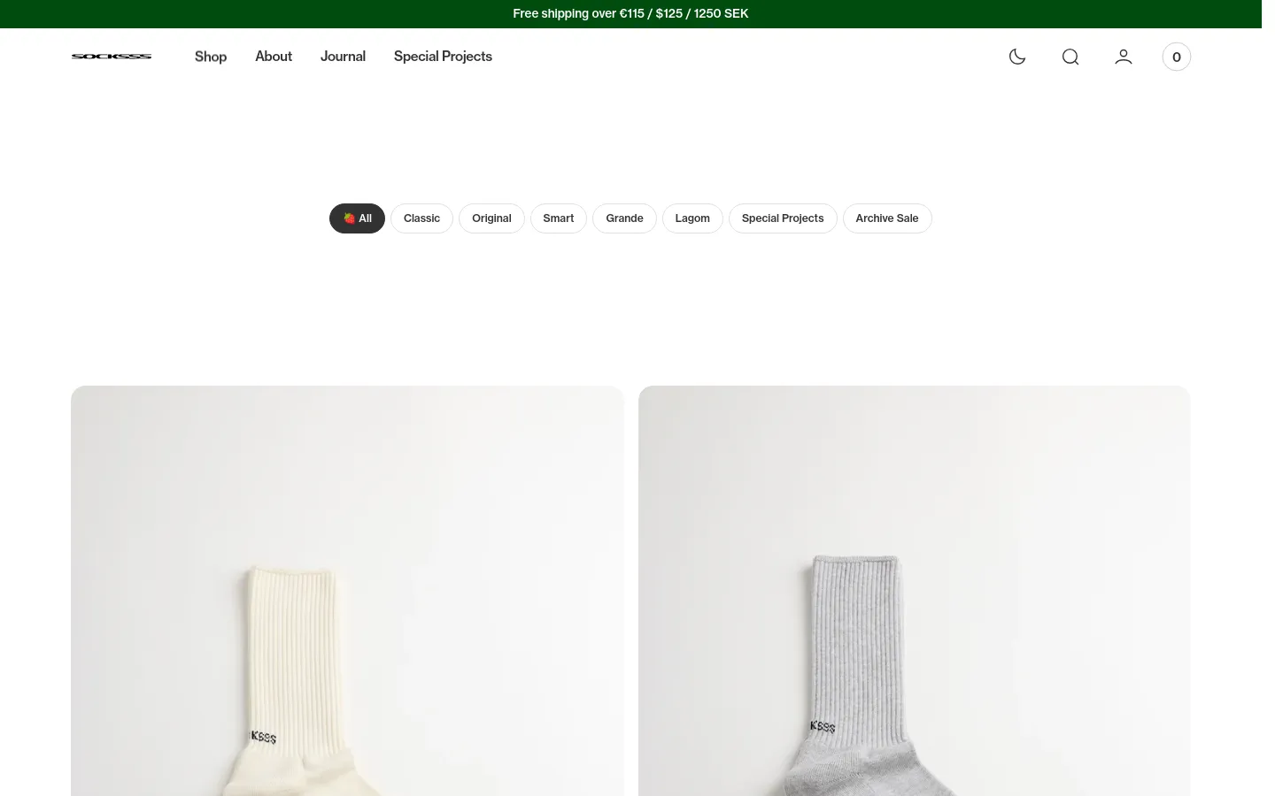 The desktop view shows a minimalist e-commerce shop page with a white background and a green announcement bar at the top. A horizontal navigation menu of product categories like 'Classic' and 'Original' sits above a grid of large product images featuring various sock styles. Each product listing includes a high-quality photograph, the product name, and the price.